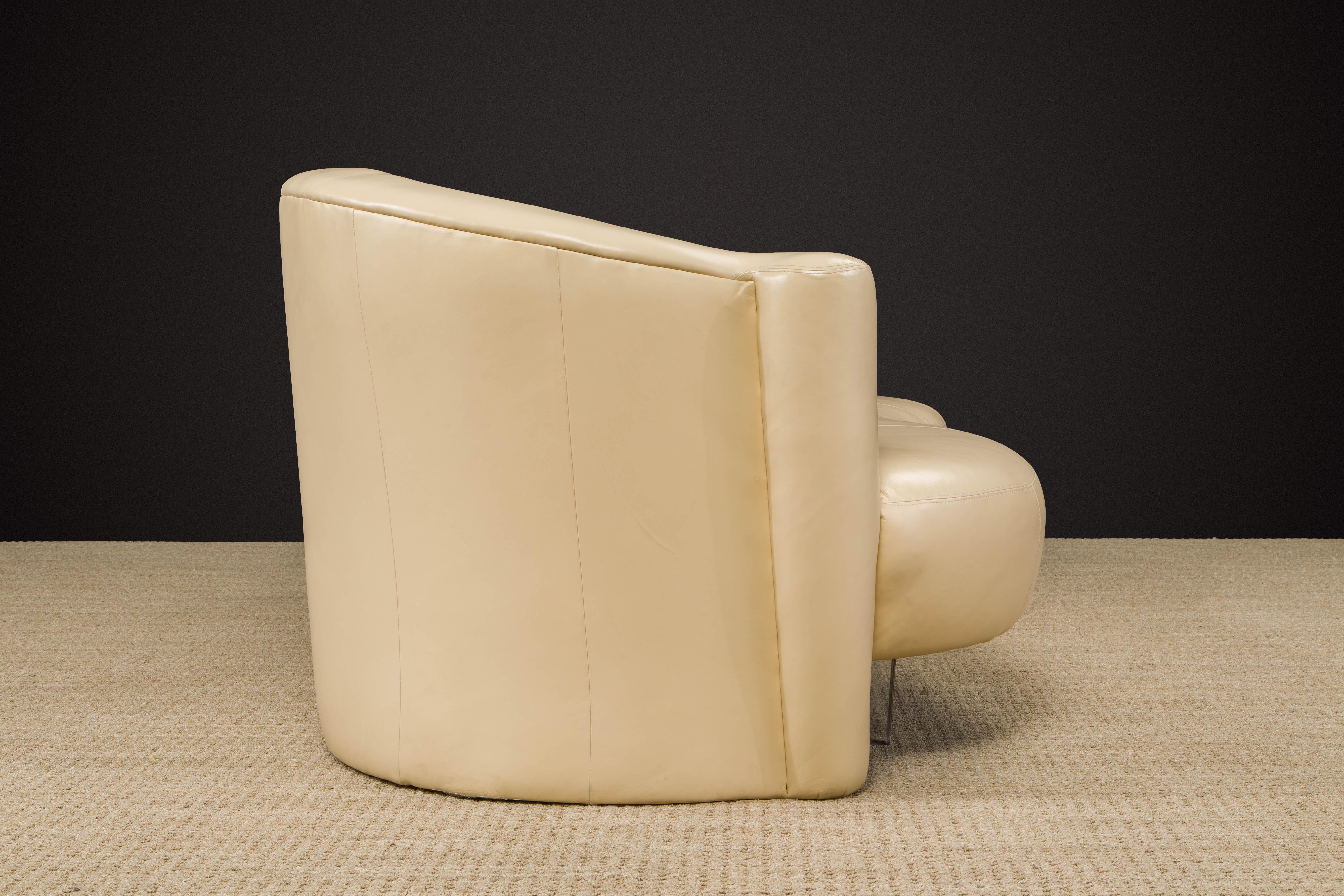 Tan Leather Cloud Style Sofa with Lucite Leg by Weiman, c 1980s, Signed For Sale 1