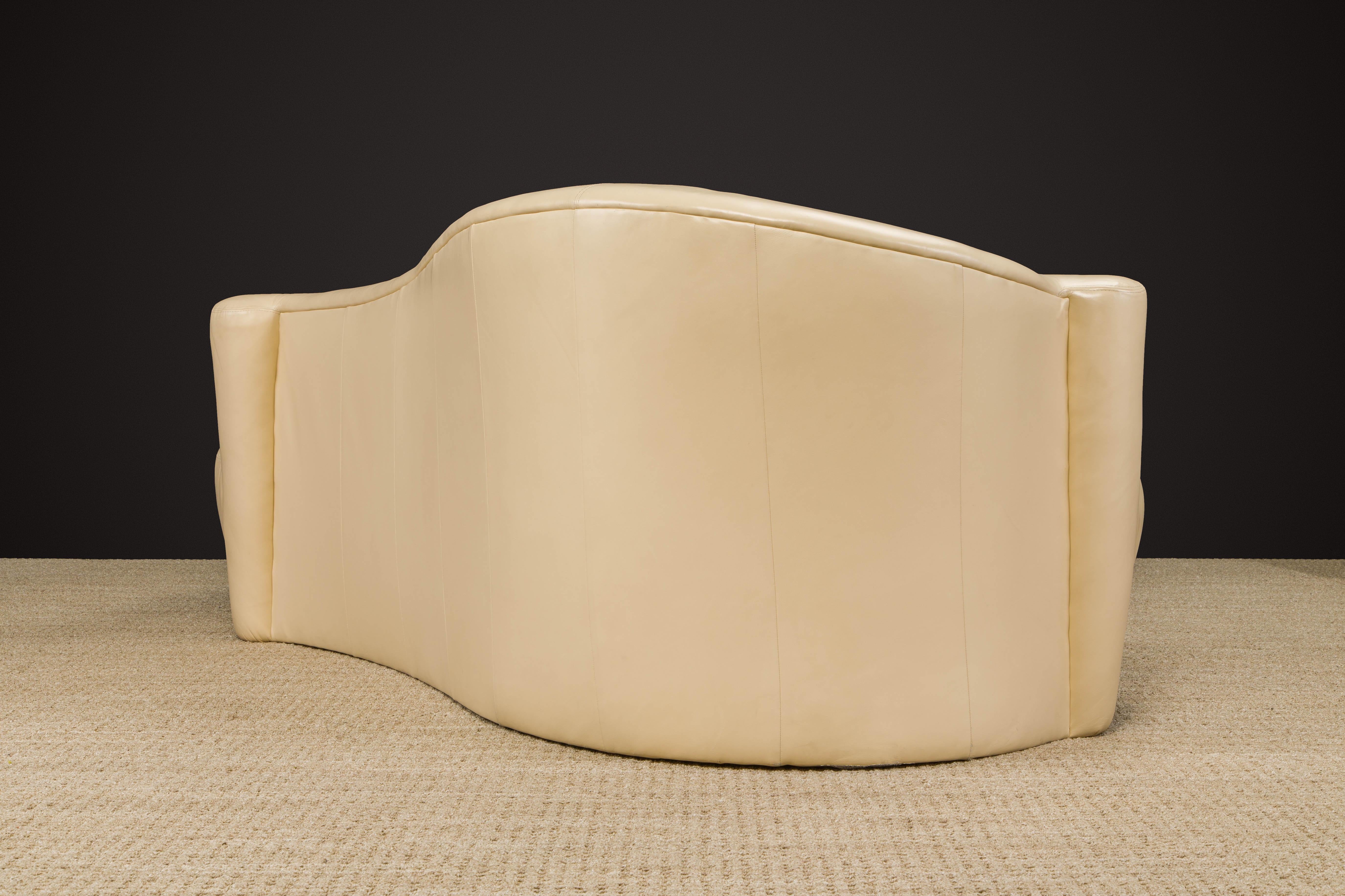 Tan Leather Cloud Style Sofa with Lucite Leg by Weiman, c 1980s, Signed For Sale 2