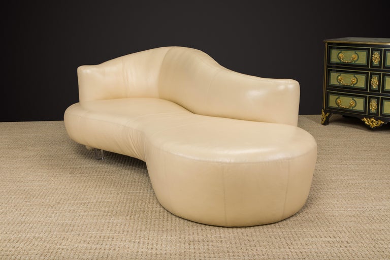 Tan Leather Cloud Style Sofa with Lucite Leg by Weiman, c 1980s, Signed For Sale 10