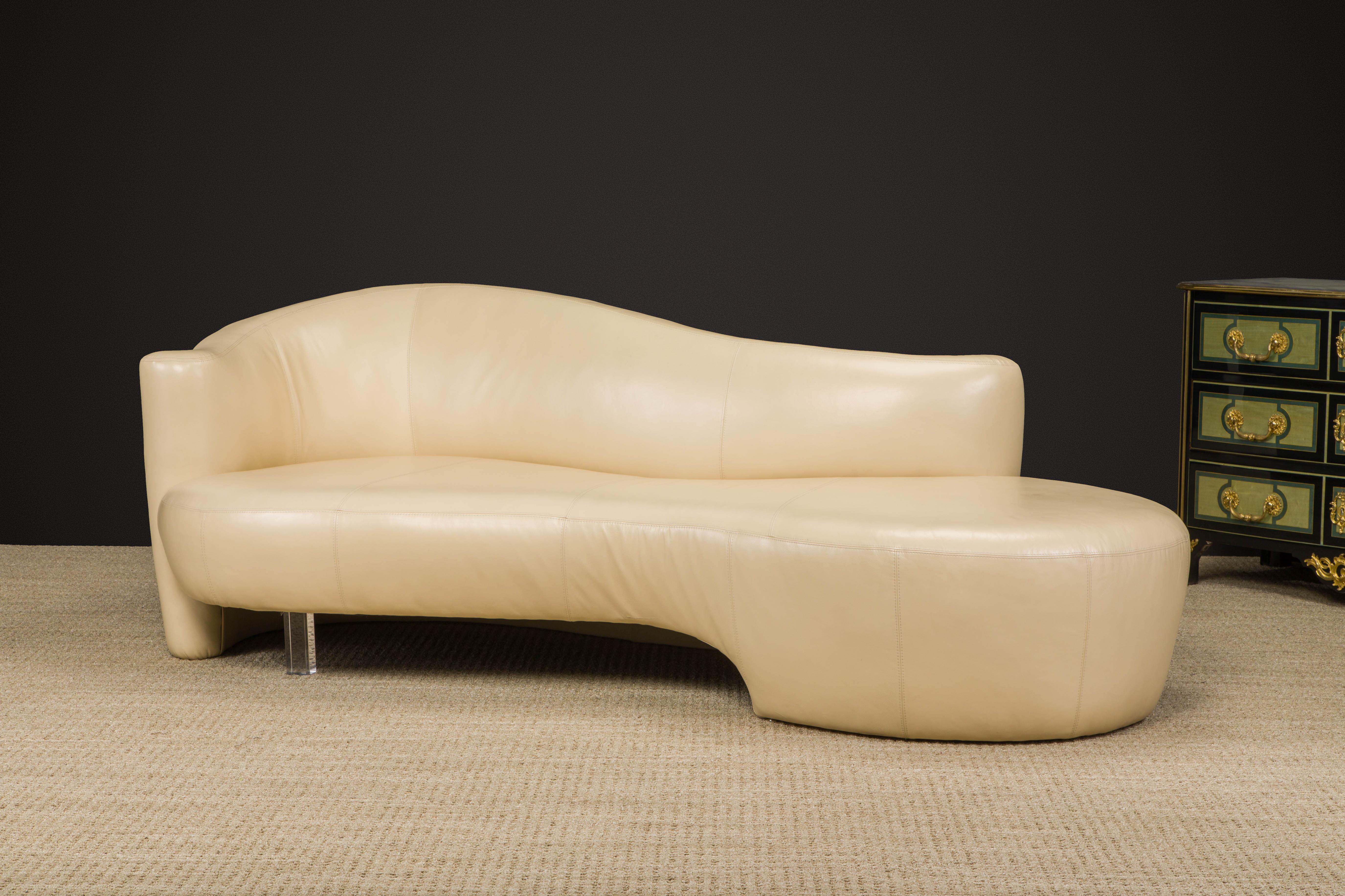 Tan Leather Cloud Style Sofa with Lucite Leg by Weiman, c 1980s, Signed For Sale 8