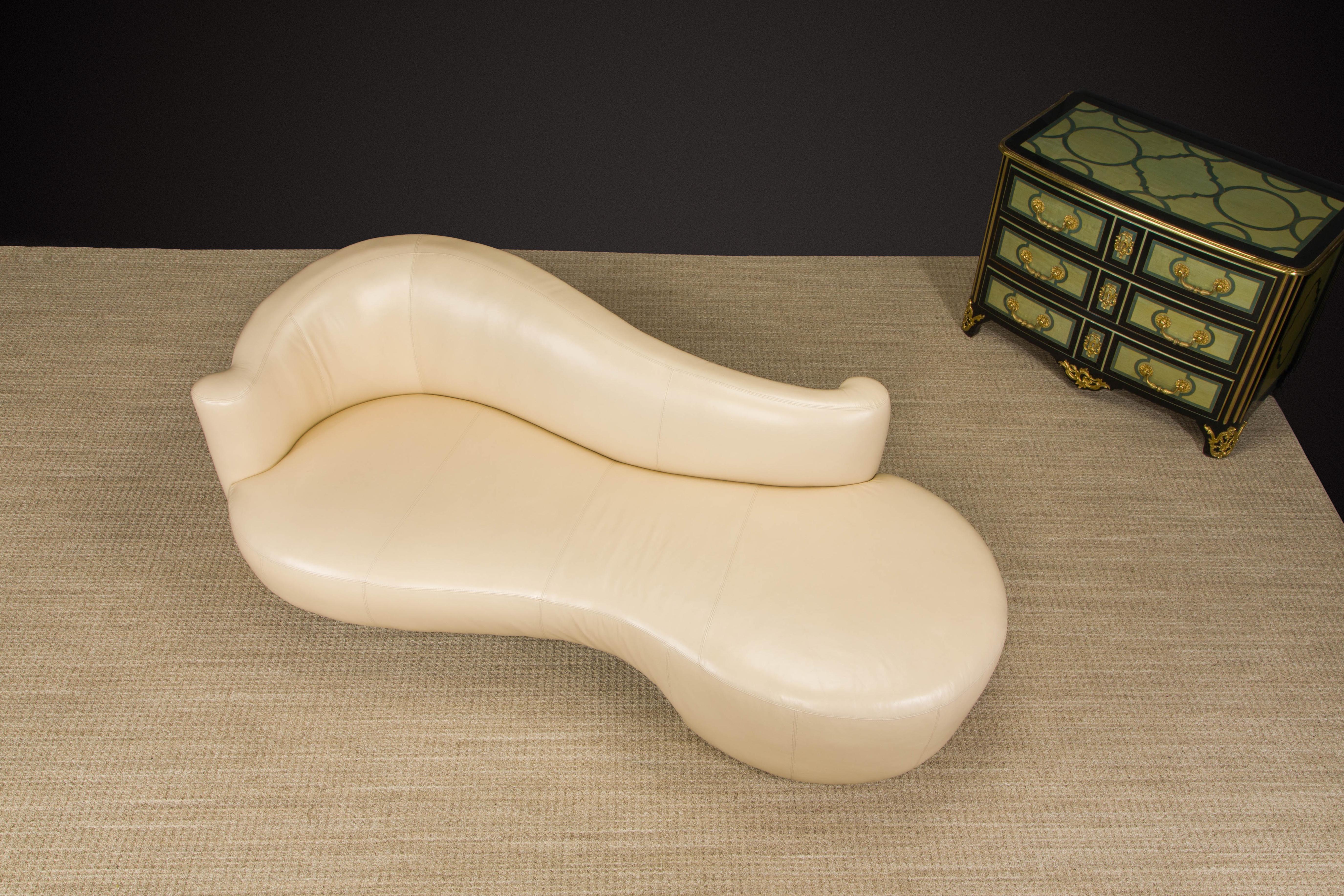 Tan Leather Cloud Style Sofa with Lucite Leg by Weiman, c 1980s, Signed For Sale 9