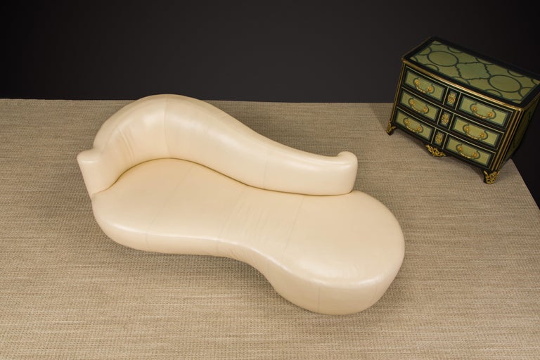 Tan Leather Cloud Style Sofa with Lucite Leg by Weiman, c 1980s, Signed For Sale 12