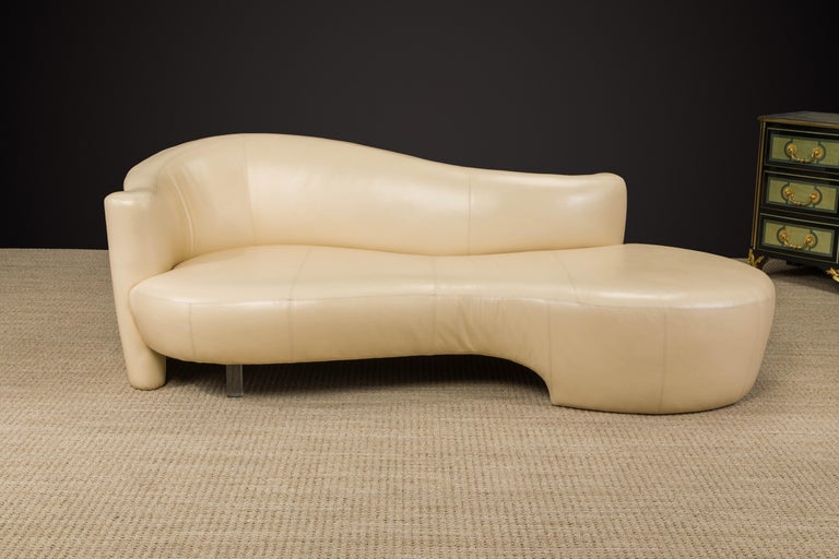 Post-Modern Tan Leather Cloud Style Sofa with Lucite Leg by Weiman, c 1980s, Signed For Sale