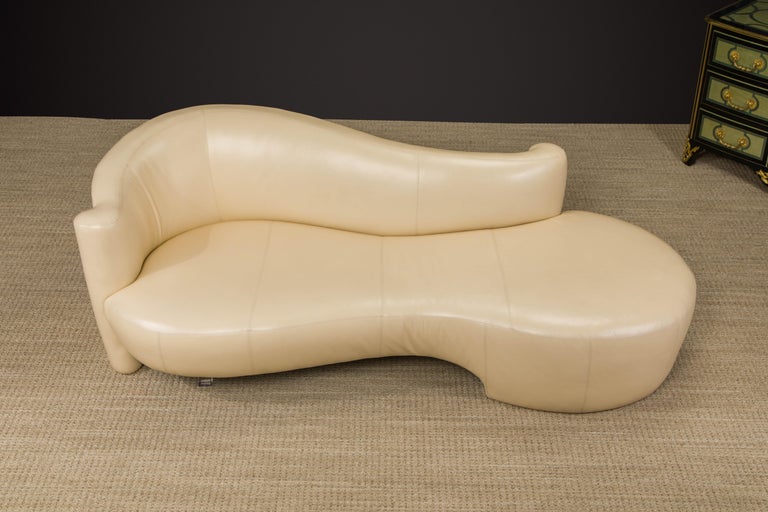 American Tan Leather Cloud Style Sofa with Lucite Leg by Weiman, c 1980s, Signed For Sale