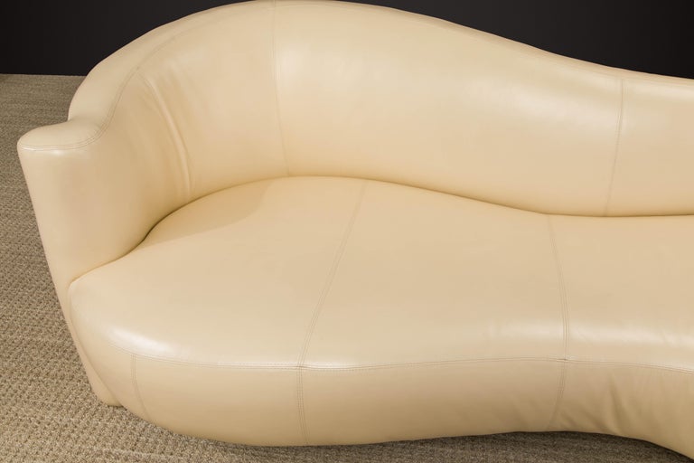 Tan Leather Cloud Style Sofa with Lucite Leg by Weiman, c 1980s, Signed In Good Condition For Sale In Los Angeles, CA