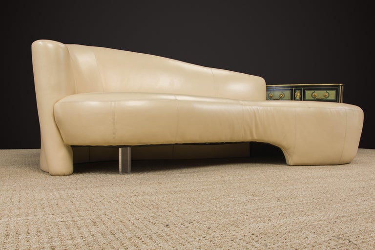Tan Leather Cloud Style Sofa with Lucite Leg by Weiman, c 1980s, Signed For Sale 1