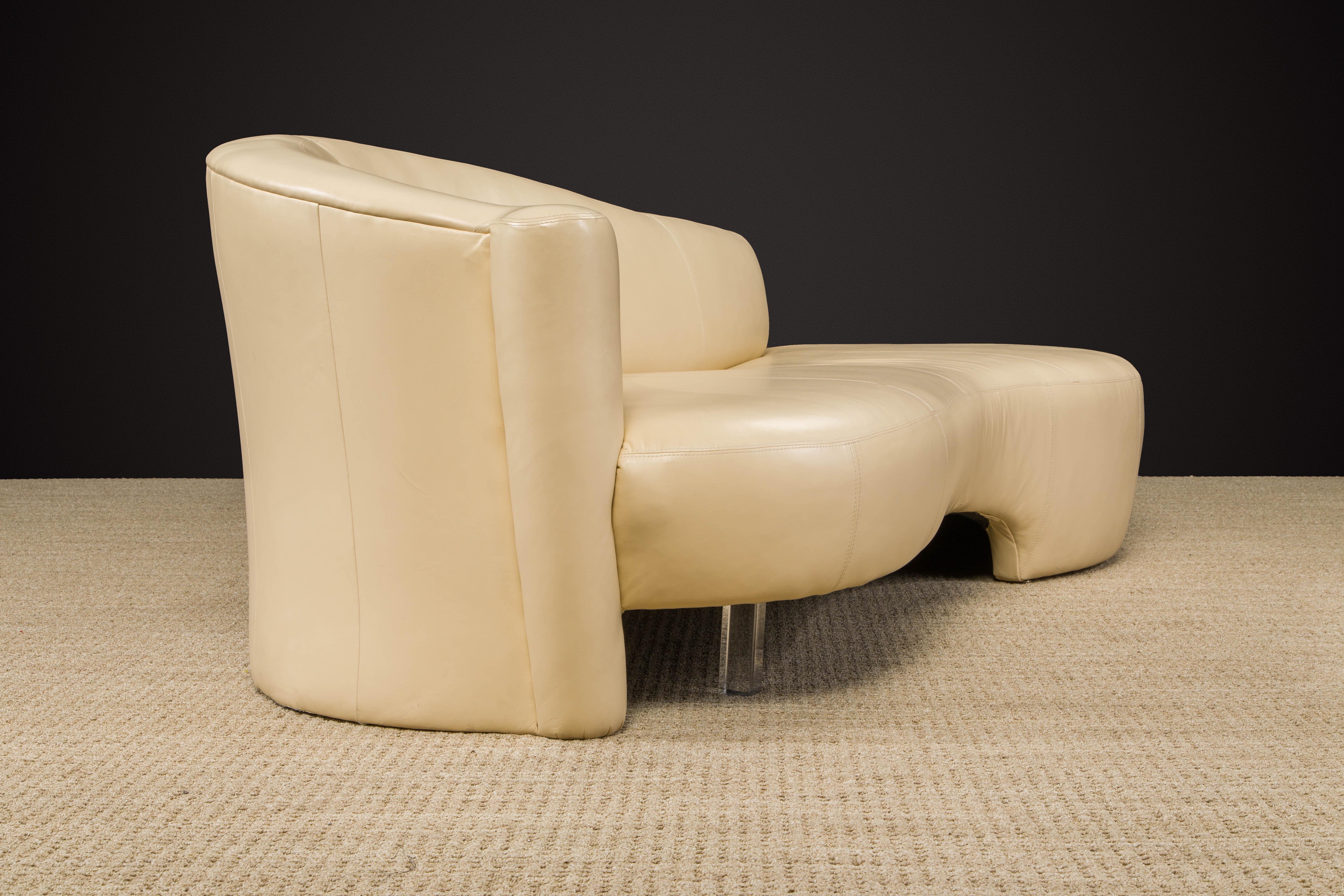 Late 20th Century Tan Leather Cloud Style Sofa with Lucite Leg by Weiman, c 1980s, Signed For Sale
