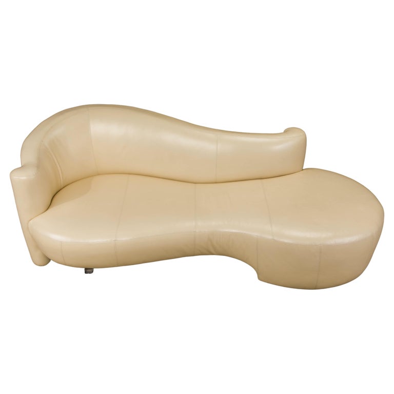 Tan Leather Cloud Style Sofa with Lucite Leg by Weiman, c 1980s, Signed For Sale