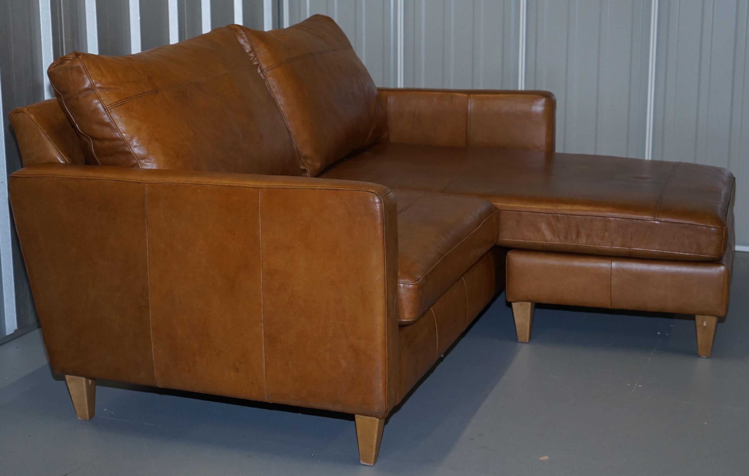 Tan Leather Corner 2-Seat Sofa or Sofa Chaise Changeable Footstool Swap Sides 2