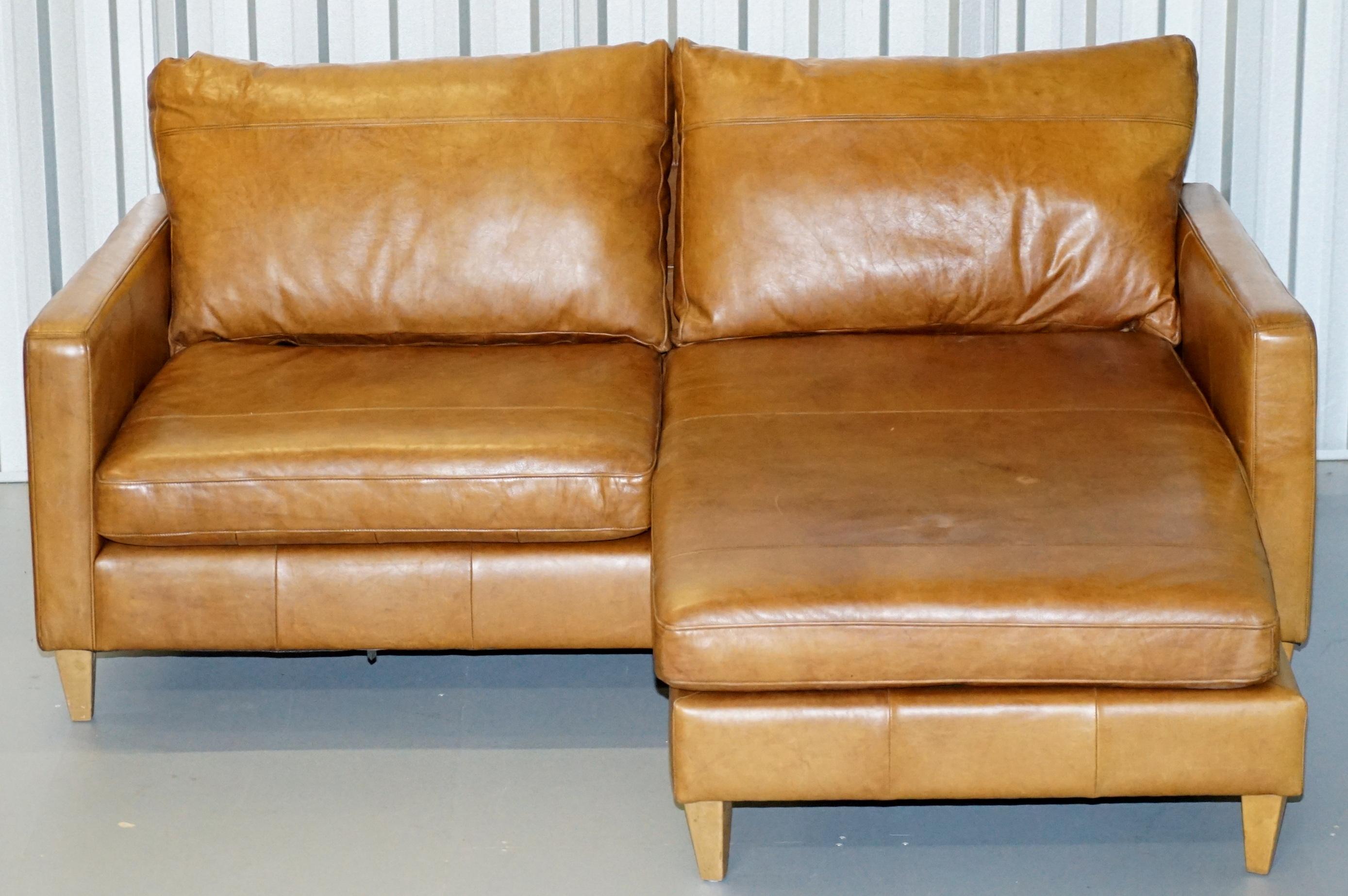 We are delighted to offer for sale this nice used tan brown leather corner sofa or sofa chaise with changeable footstool

A comfortable and nicely made sofa, the footstool can be used either side, this is classed as a sofa chaise feature

We