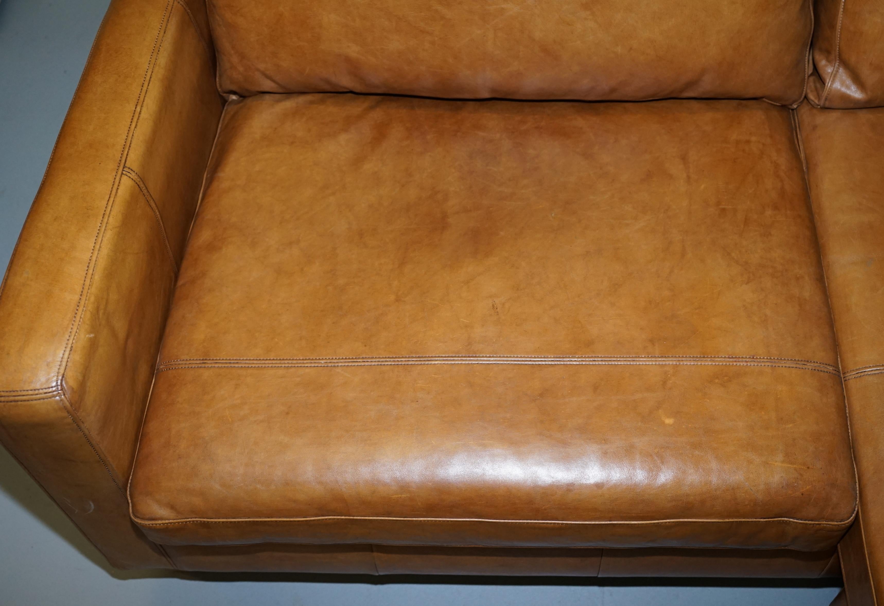 English Tan Leather Corner 2-Seat Sofa or Sofa Chaise Changeable Footstool Swap Sides