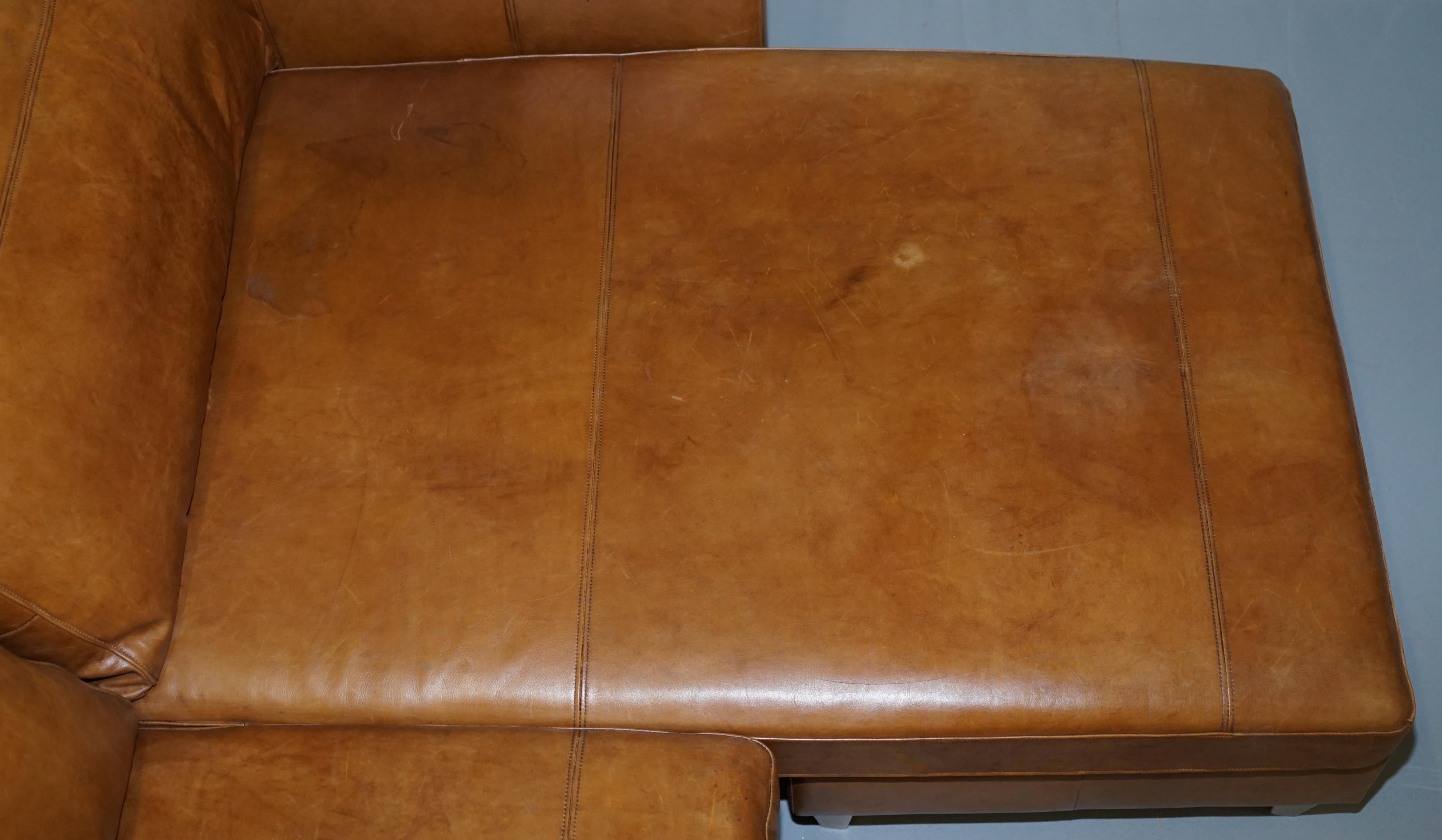 Hand-Crafted Tan Leather Corner 2-Seat Sofa or Sofa Chaise Changeable Footstool Swap Sides