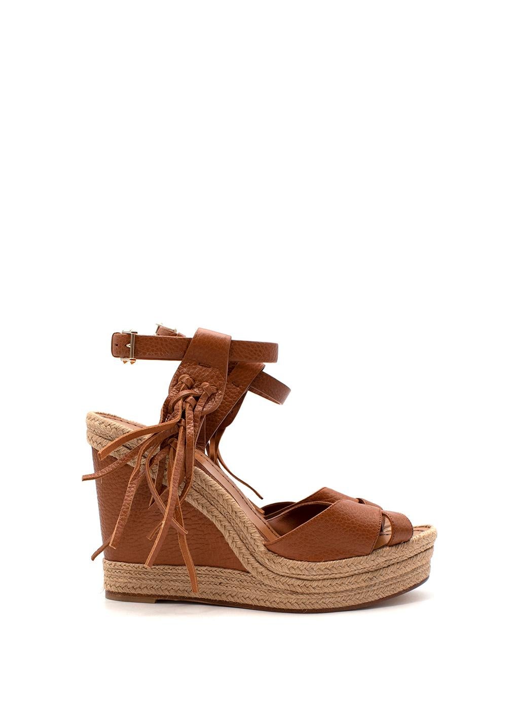 Brown Tan Leather & Jute Wedge Heeled Espadrille Sandals For Sale
