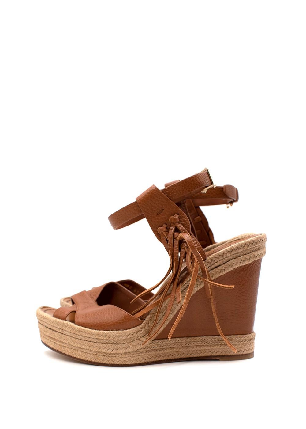 Women's or Men's Tan Leather & Jute Wedge Heeled Espadrille Sandals For Sale