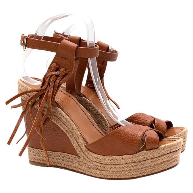 Tan Leather & Jute Wedge Heeled Espadrille Sandals For Sale