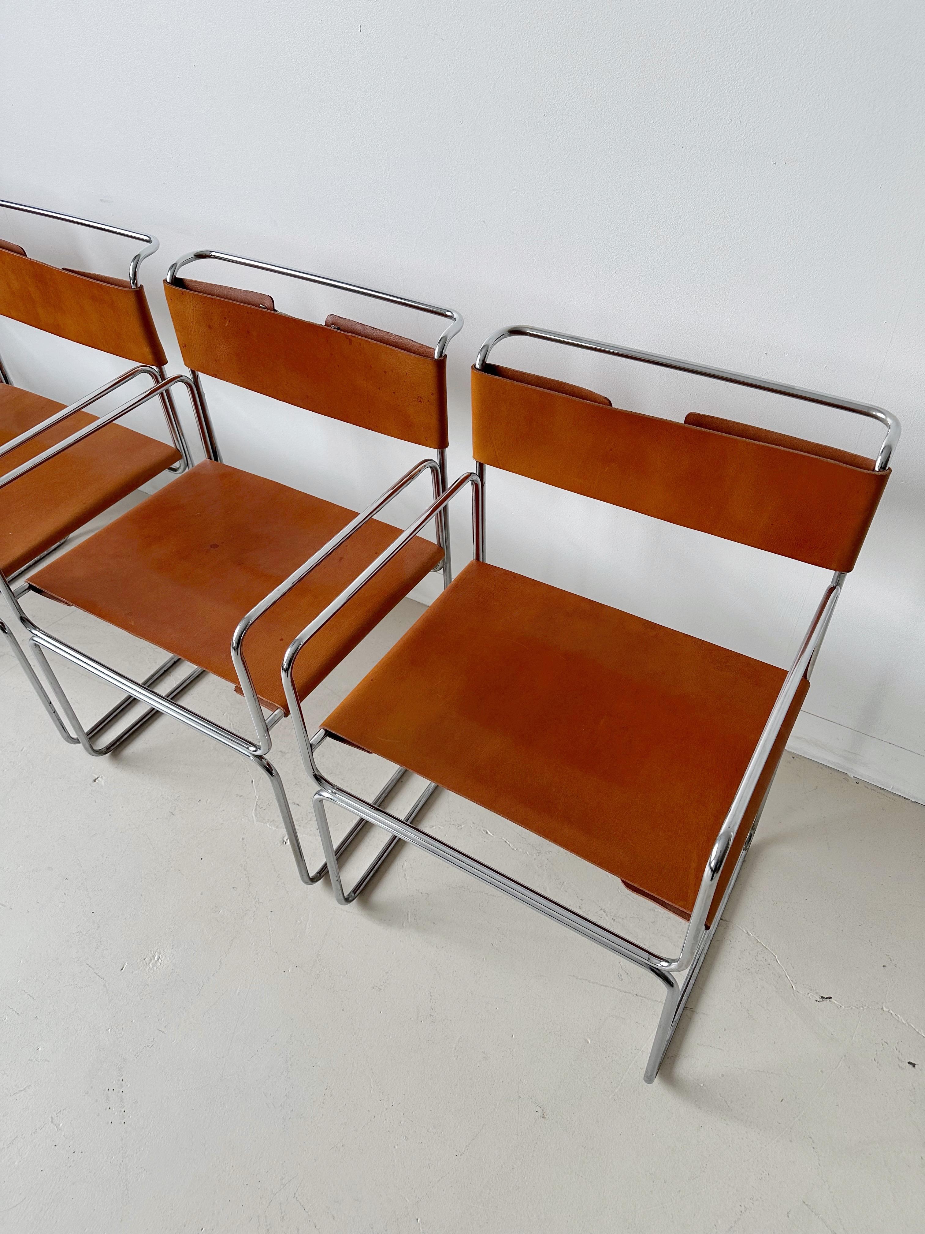 Steel Tan Leather Libellula Chairs by Giovanni Carini for Planula, 70's For Sale