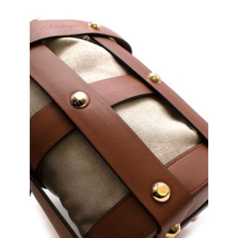 Brown Tan leather & natural canvas Cage bucket bag For Sale