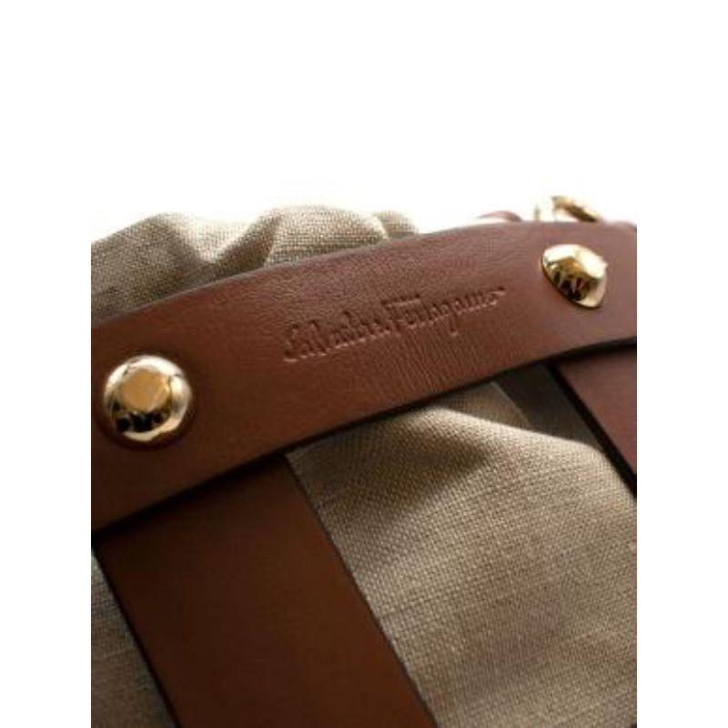 Women's Tan leather & natural canvas Cage bucket bag For Sale