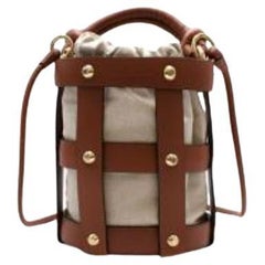 Tan leather & natural canvas Cage bucket bag