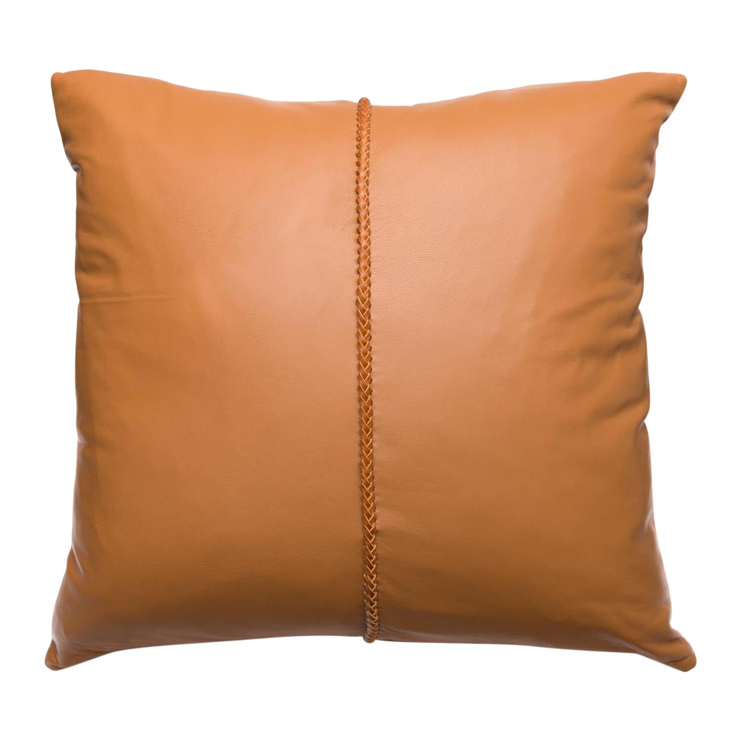 Tan Leather Pillow with Cross Stitch