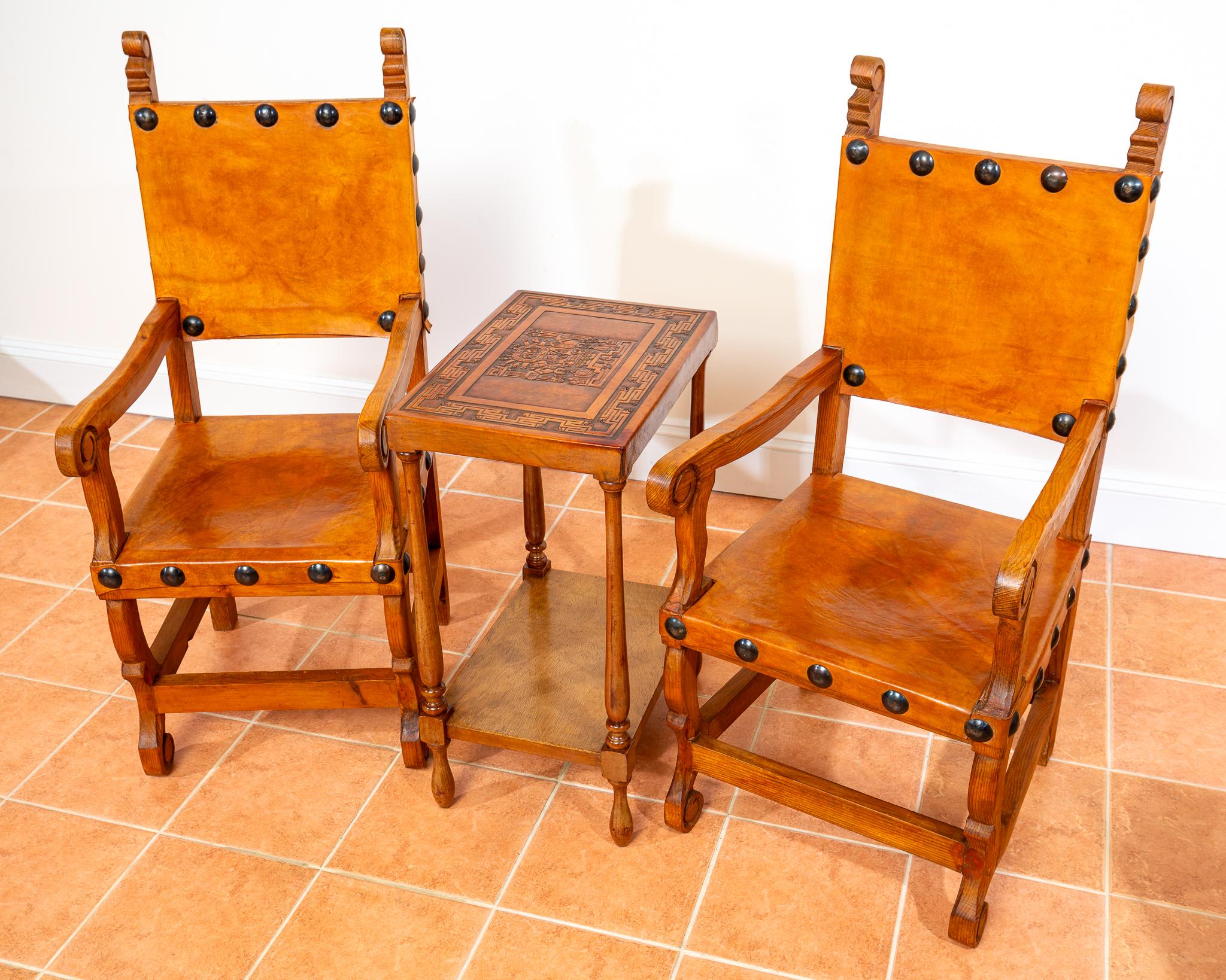 Tavolino in pelle Tan 1960 Perù goffrato Mid Century Geometrico Viracocha in vendita 12