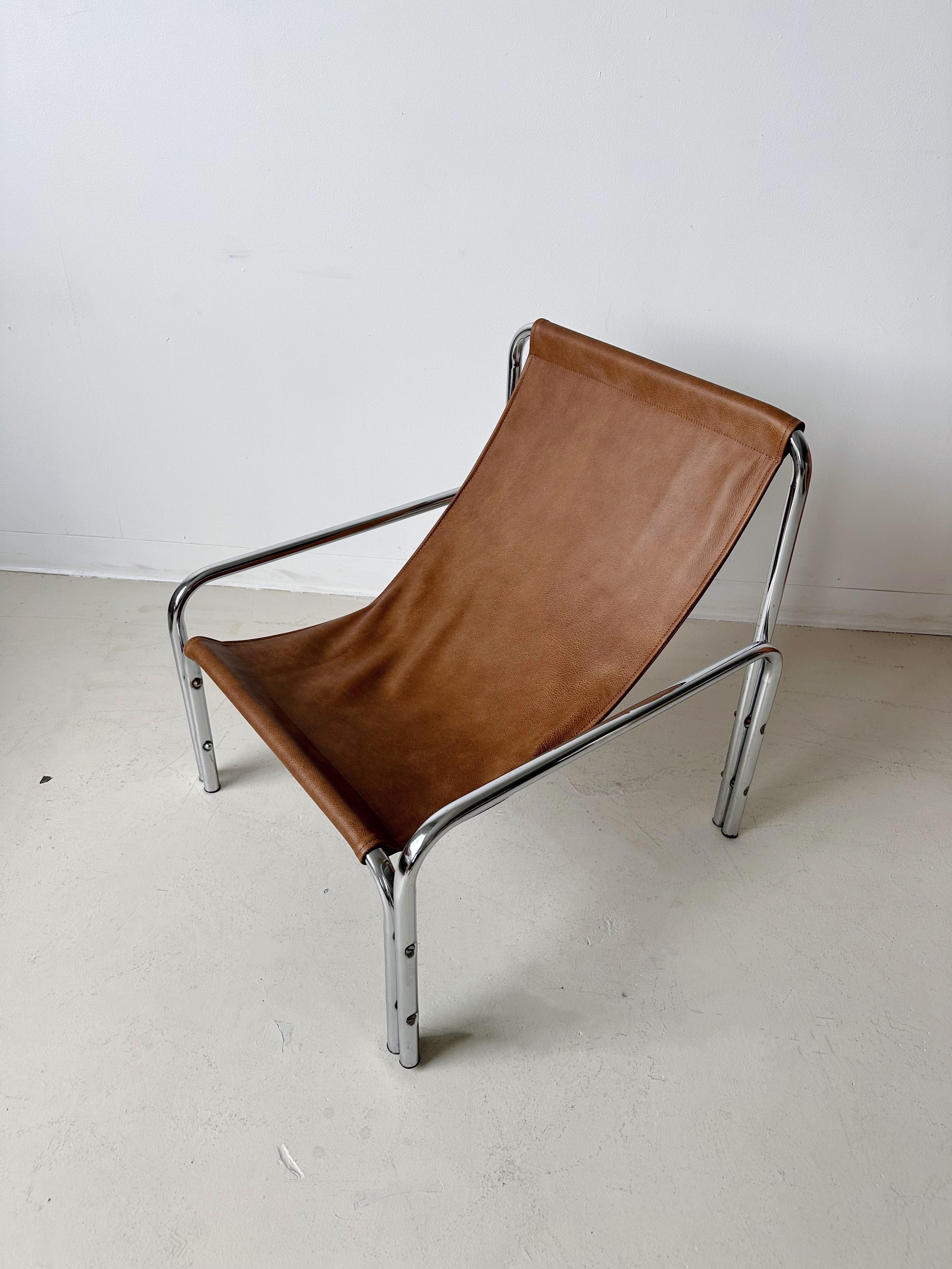 Modern Tan Leather Sling Chair with Tubular Chrome Frame