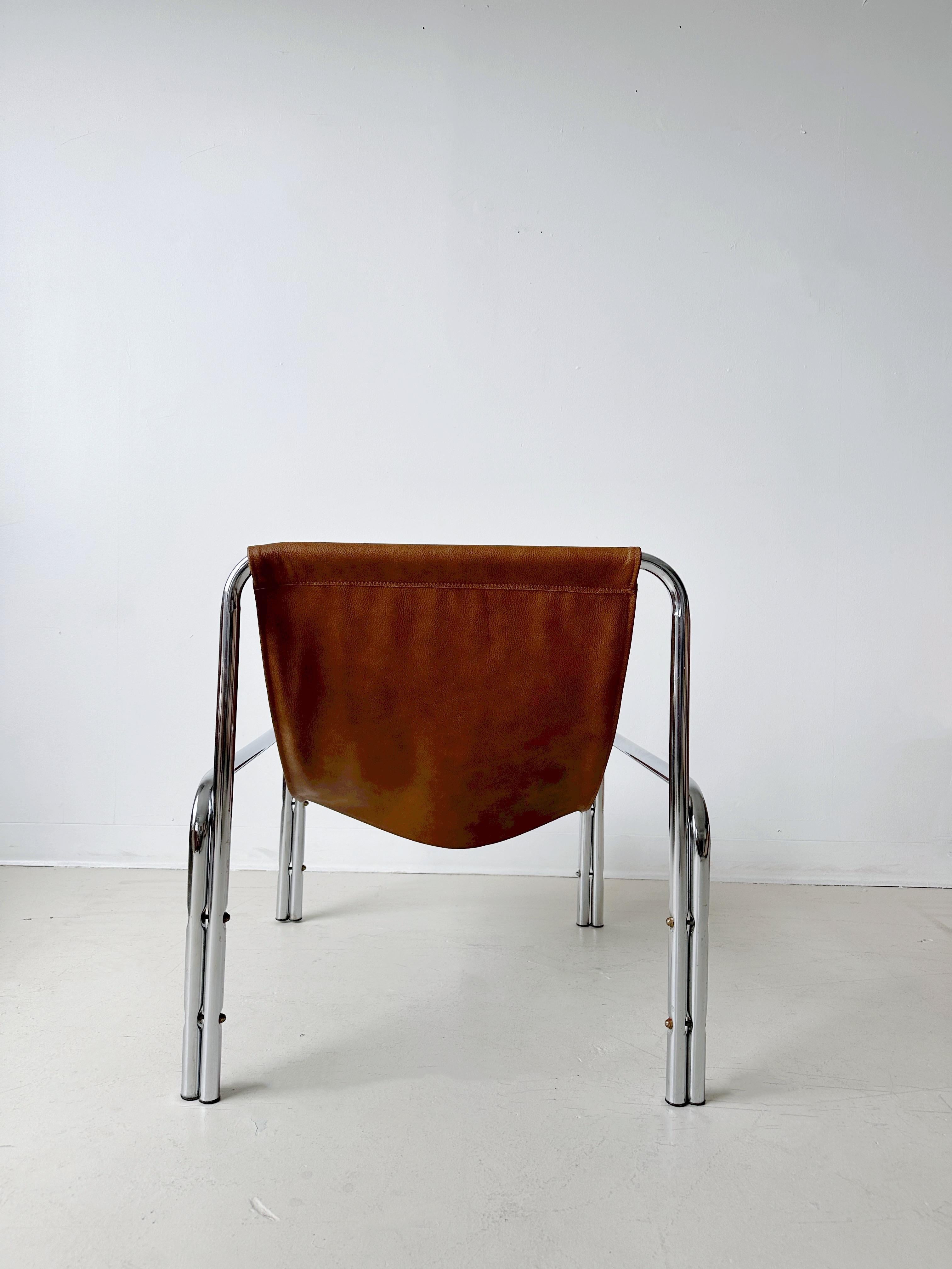 20th Century Tan Leather Sling Chair with Tubular Chrome Frame