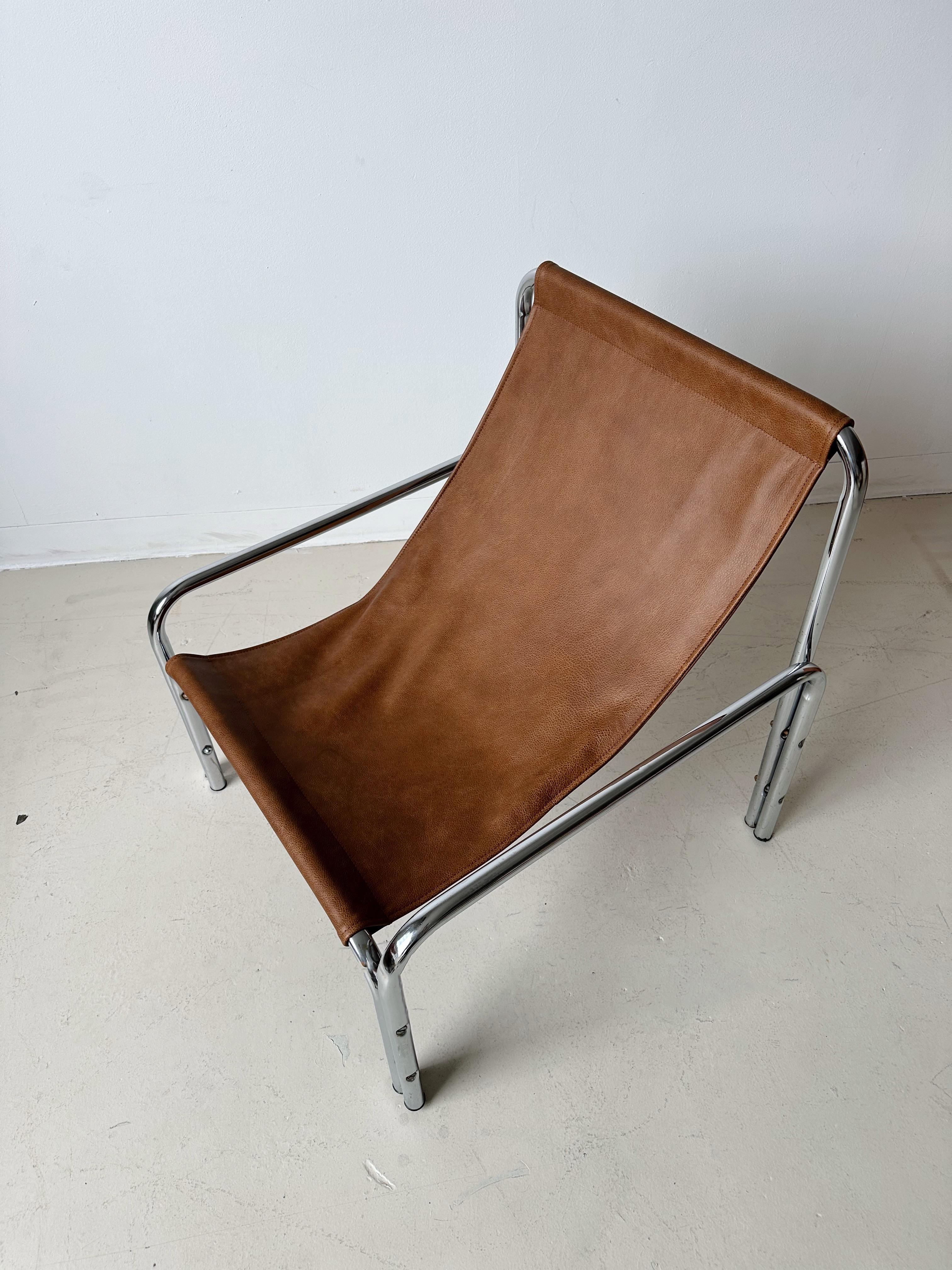 Tan Leather Sling Chair with Tubular Chrome Frame 2