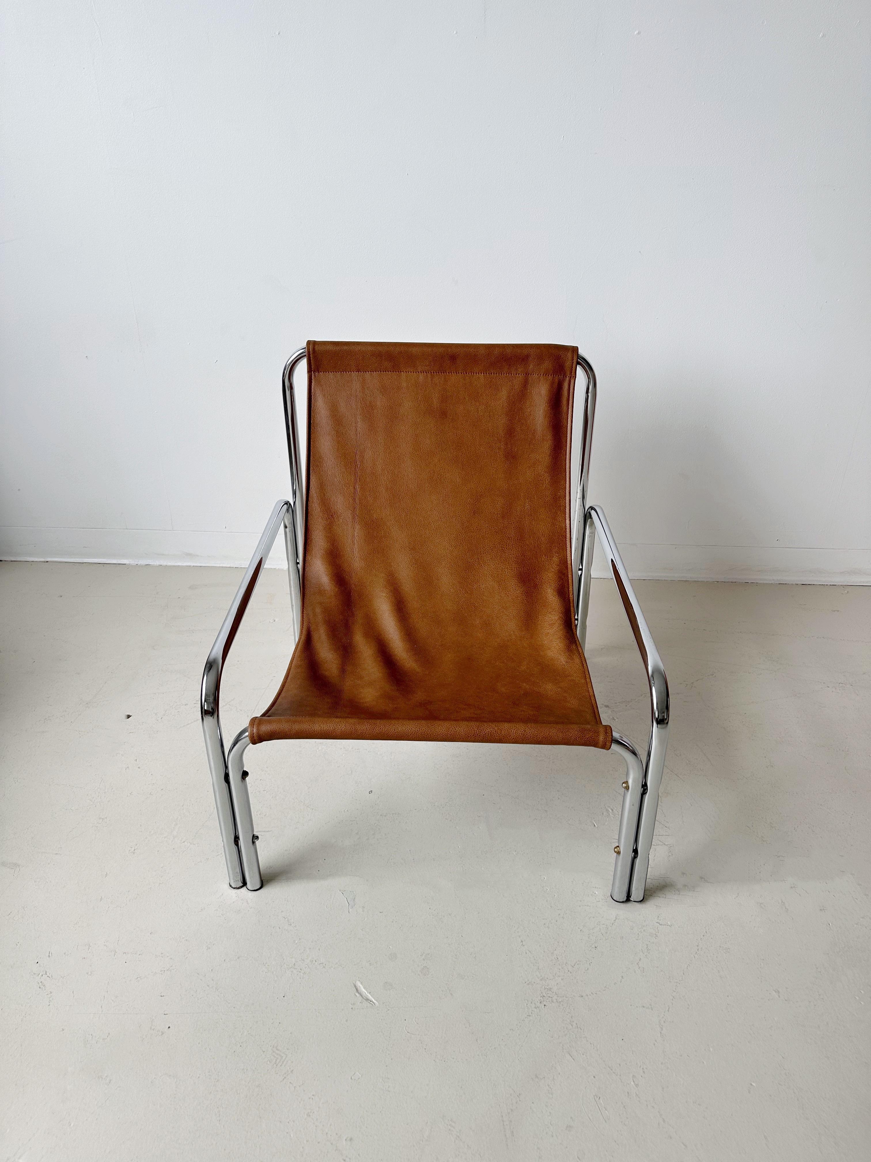 Tan Leather Sling Chair with Tubular Chrome Frame 3