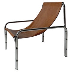 Vintage Tan Leather Sling Chair with Tubular Chrome Frame