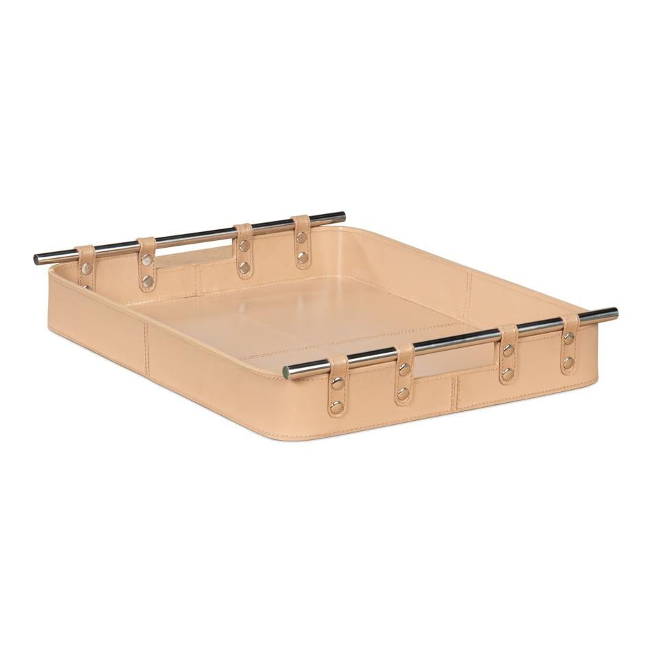 American Classical Tan Leather Tray For Sale