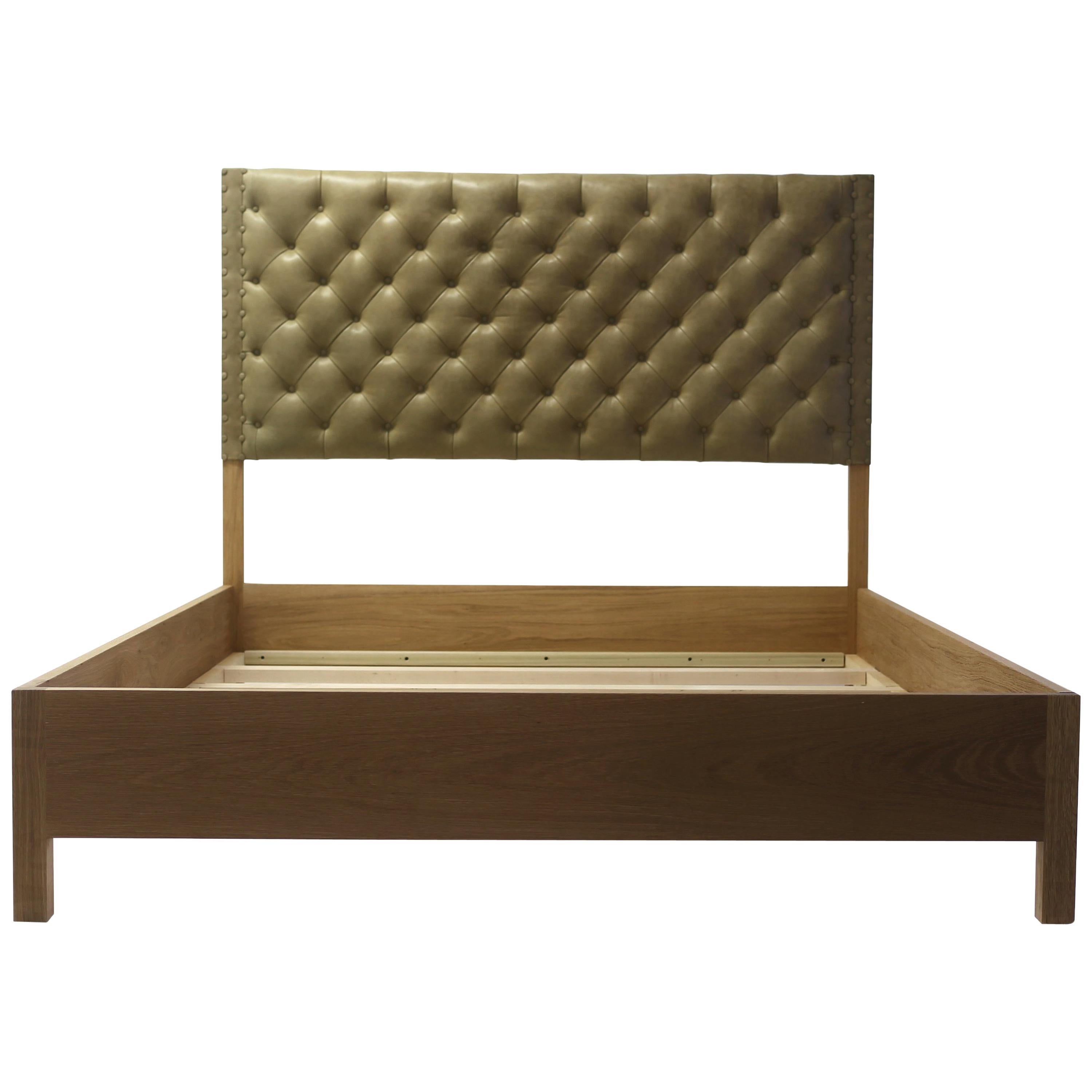 Tan Leather Tufted Bed with Oakwood Rails with Button Details For Sale