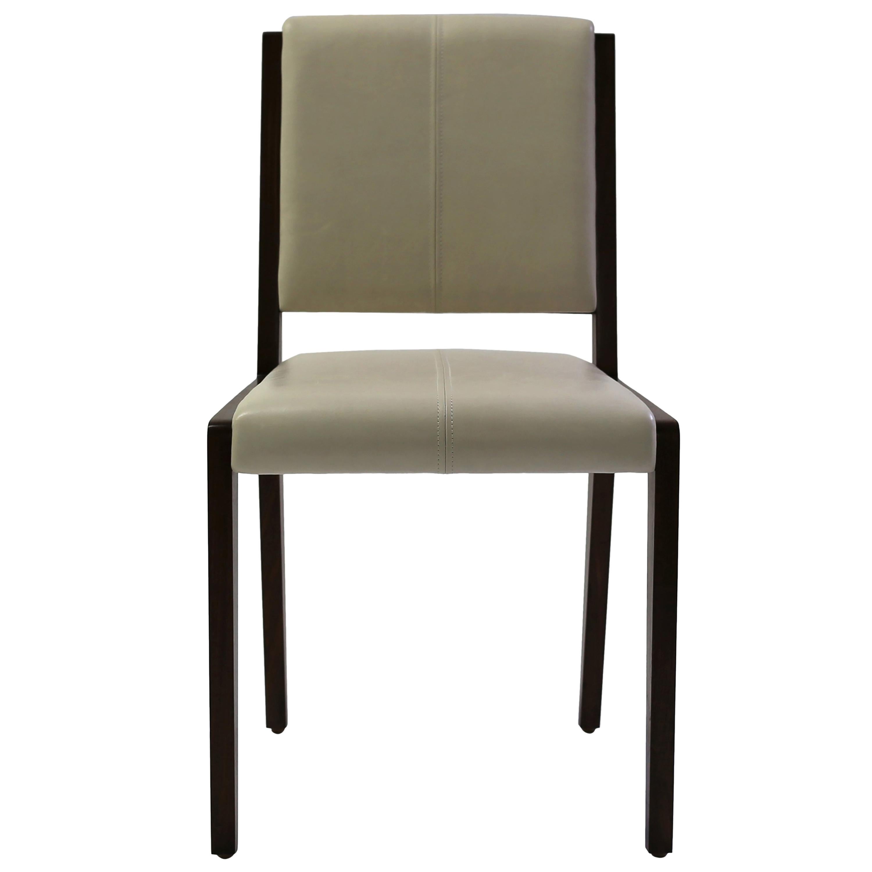 Tan Leather Upholstered Side Chair with Saddle Stitch Detail and Wood Frame