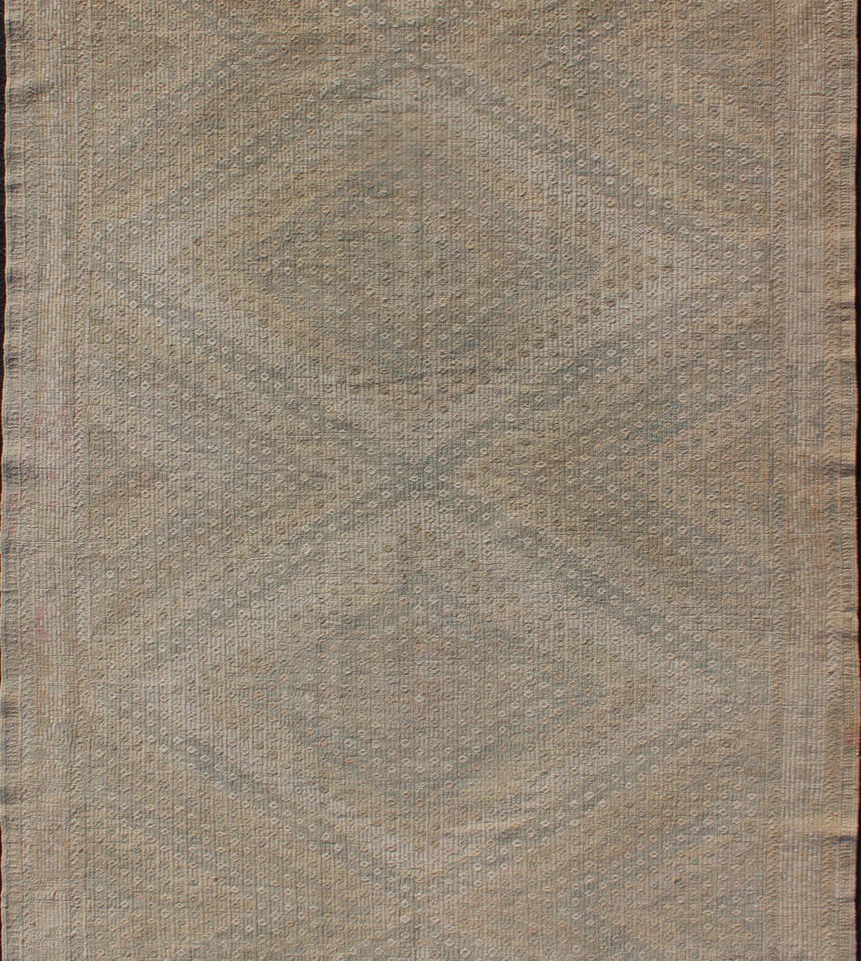 Hand-Woven Tan, Light Blue Vintage Turkish Embroidered Rug with Geometric Diamond Design For Sale