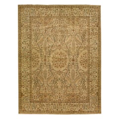 Tan Moderner indischer handgefertigter Teppich aus Wolle mit Blumenmotiv aus Tan