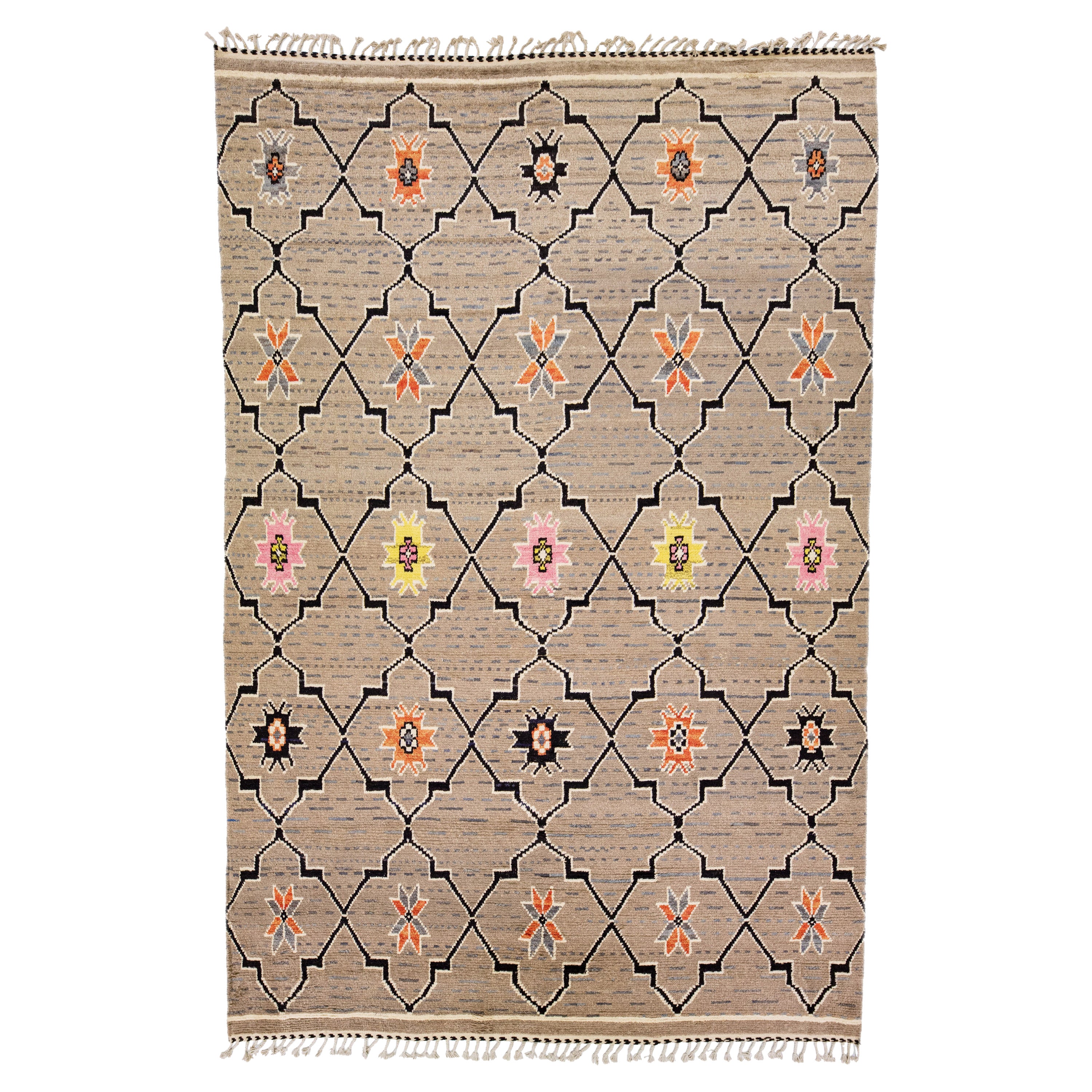 Tappeto di lana moderno in stile marocchino, fatto a mano e dal design tribale, Tan