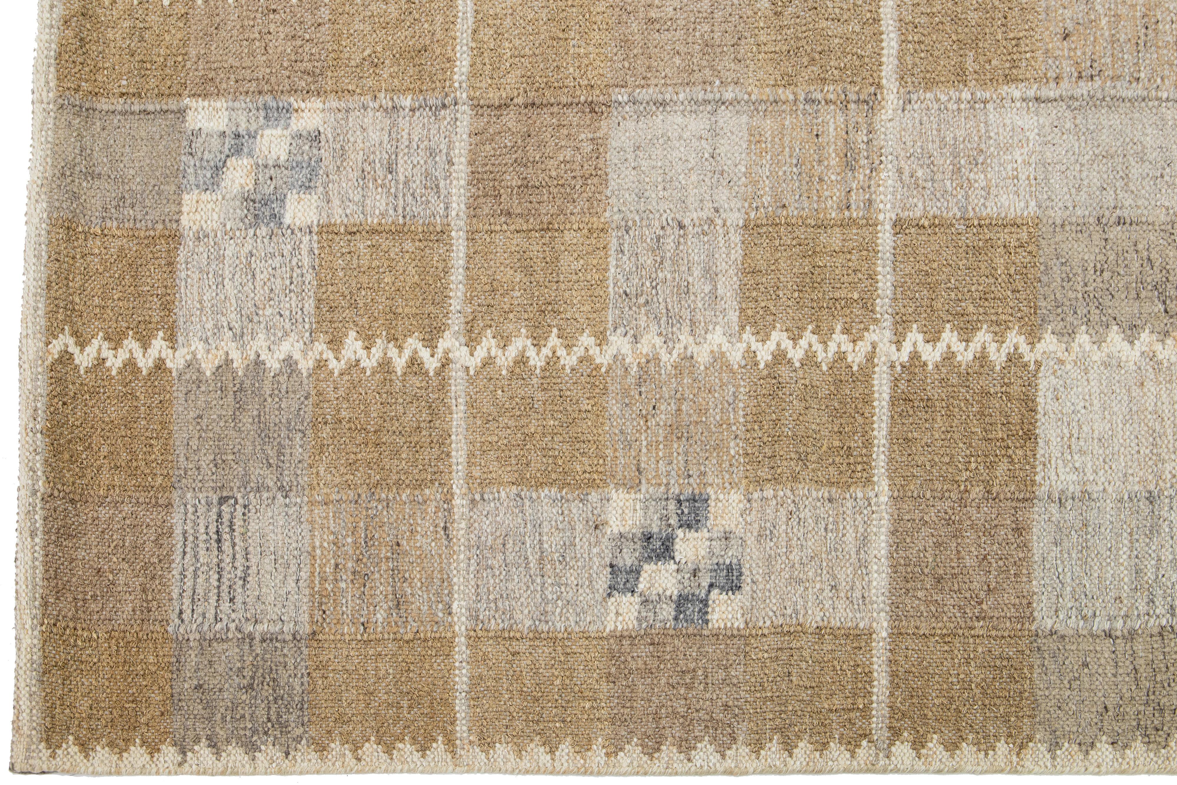Hand-Knotted Tan Modern Scandinavian Wool & Hemp Rug with Allover Geometric Motif For Sale