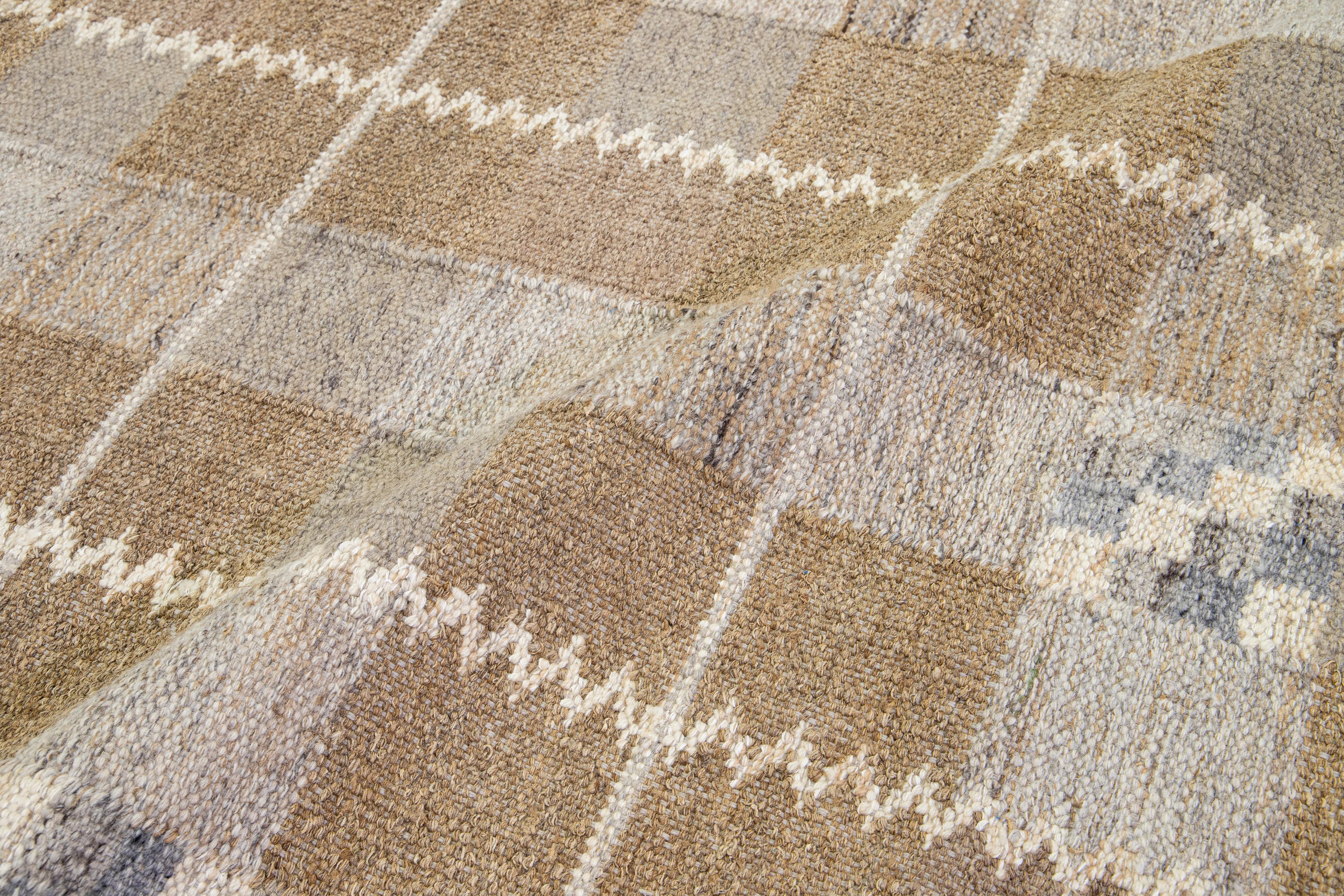 Tan Modern Scandinavian Wool & Hemp Rug with Allover Geometric Motif For Sale 2
