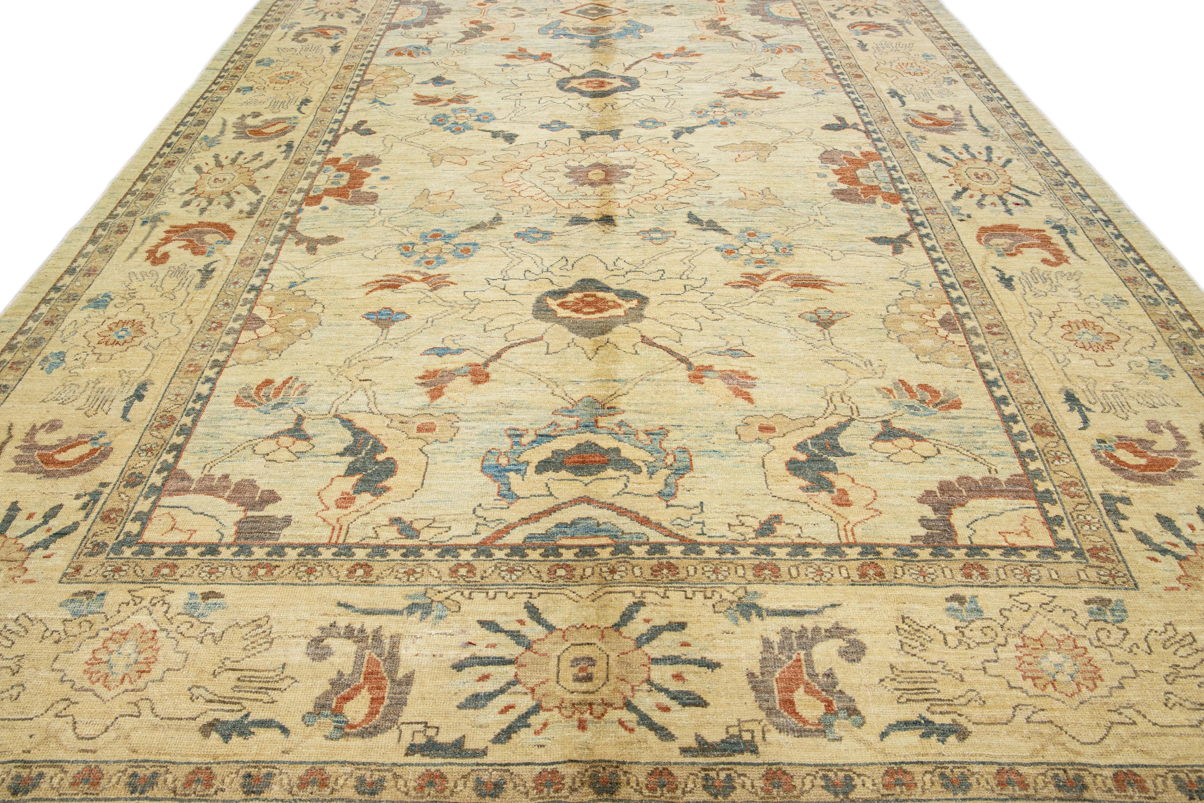 Oushak Tan Modern Sultanabad Handmade Floral Motif Wool Rug For Sale