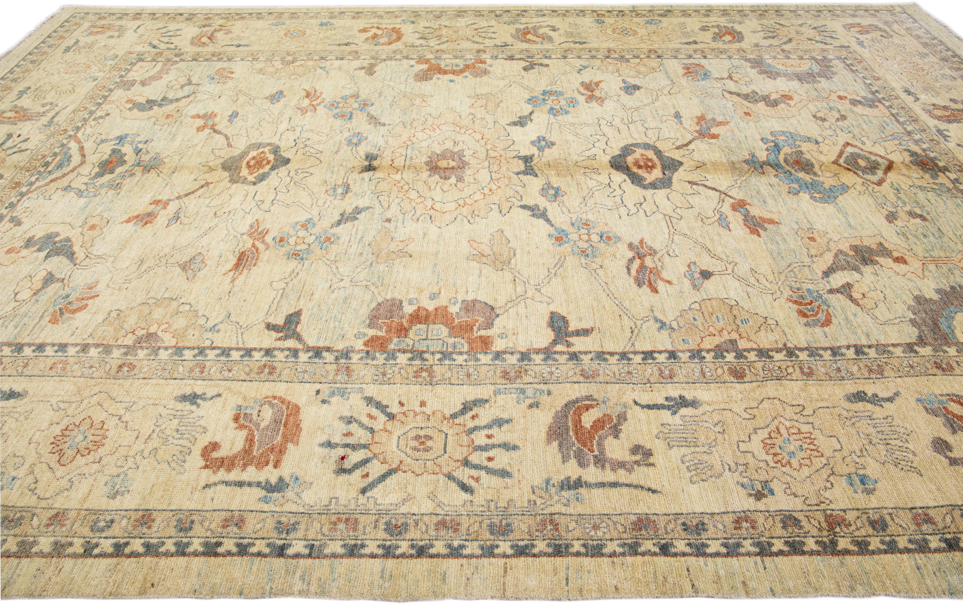 Hand-Knotted Tan Modern Sultanabad Handmade Floral Motif Wool Rug For Sale