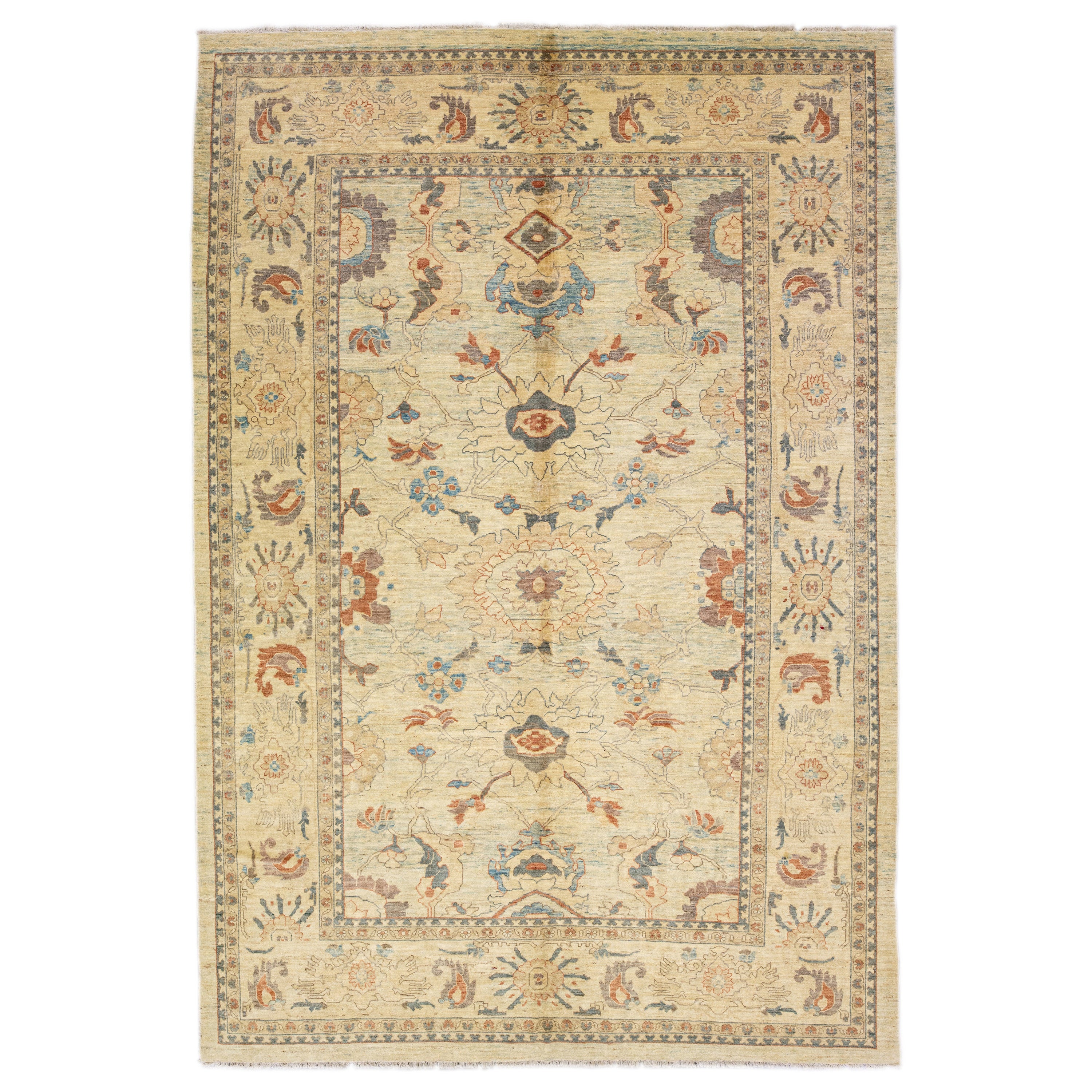 Hellbrauner moderner Sultanabad Handgefertigter Wollteppich mit Blumenmotiv