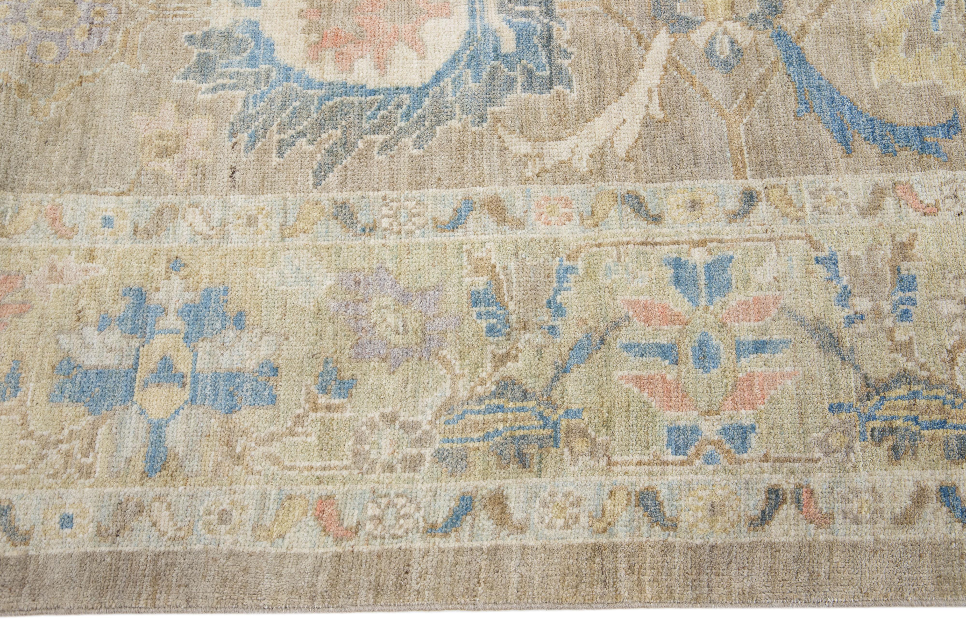 Hand-Knotted Tan Modern Sultanabad Handmade Floral Wool Rug For Sale
