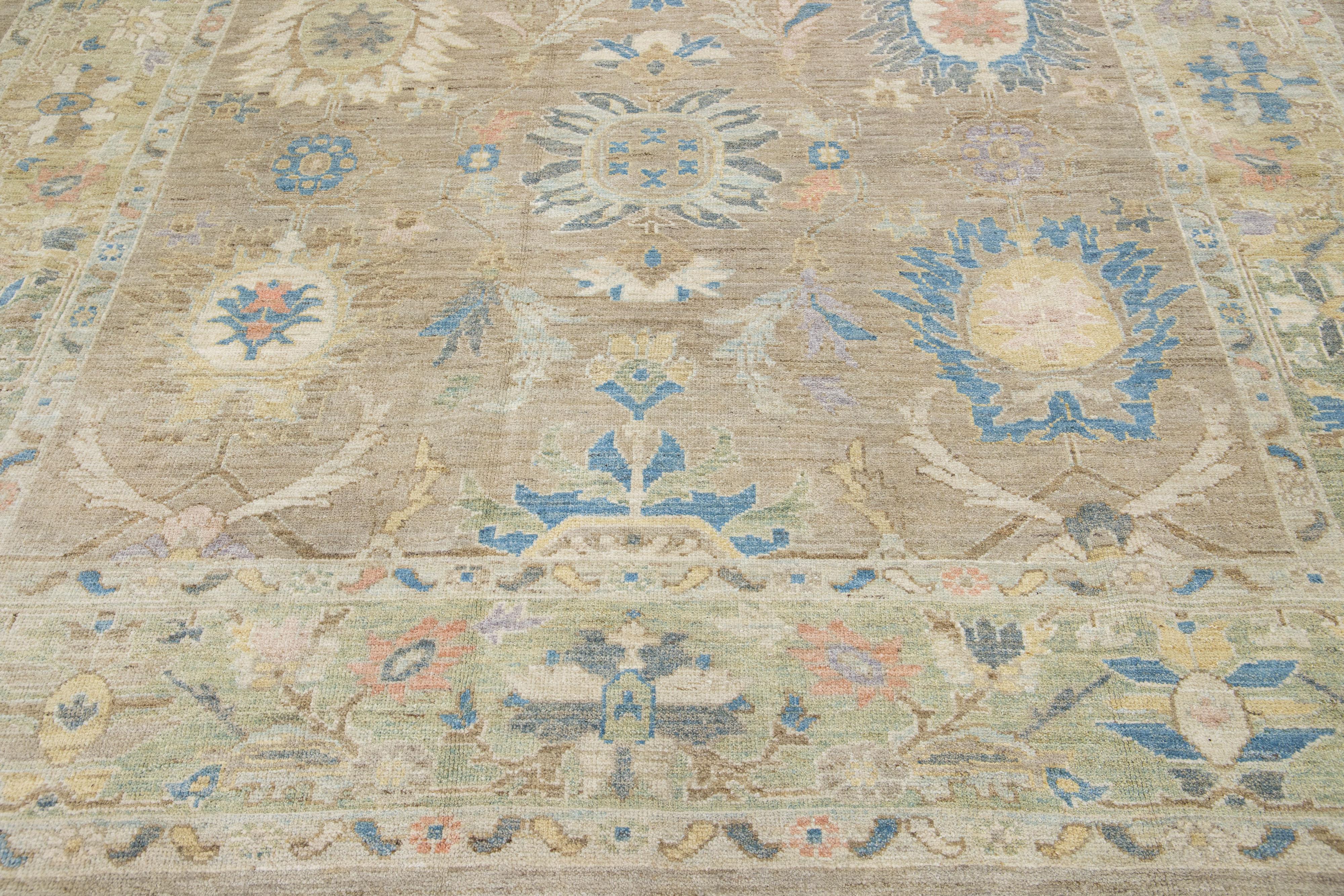 Contemporary Tan Modern Sultanabad Handmade Floral Wool Rug For Sale