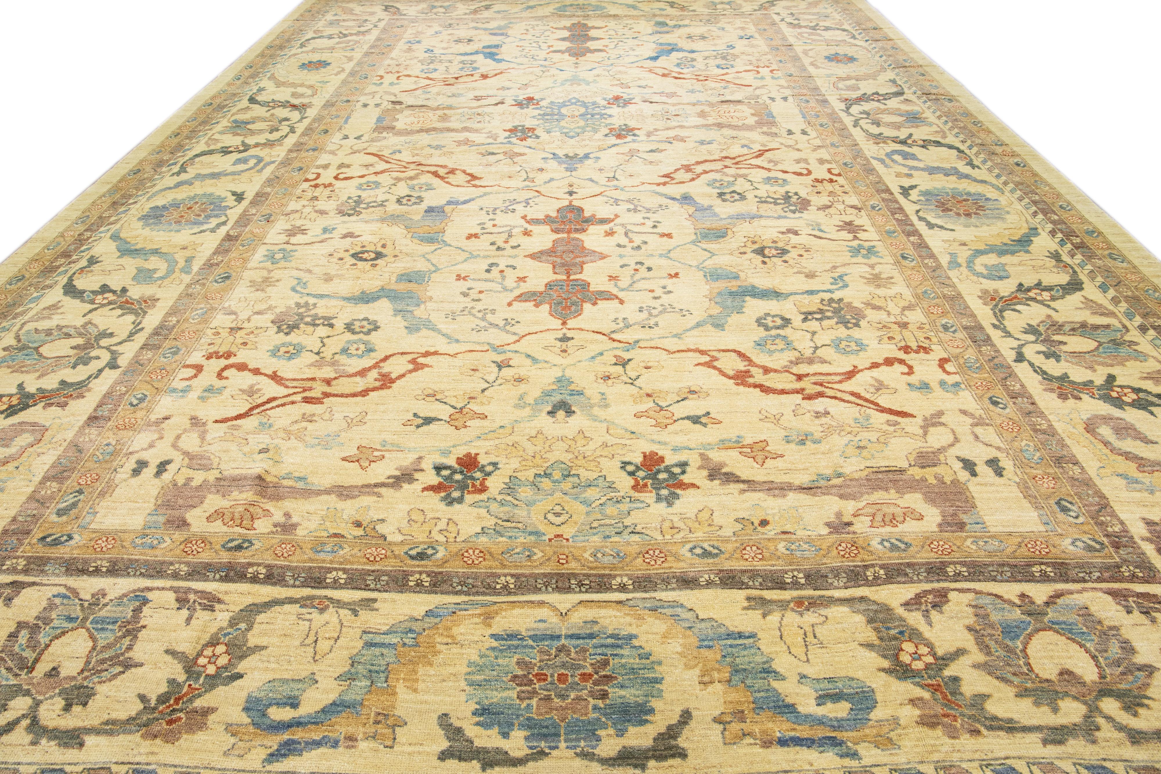 Oushak Tan Modern Sultanabad Handmade Oversize Floral Wool Rug For Sale