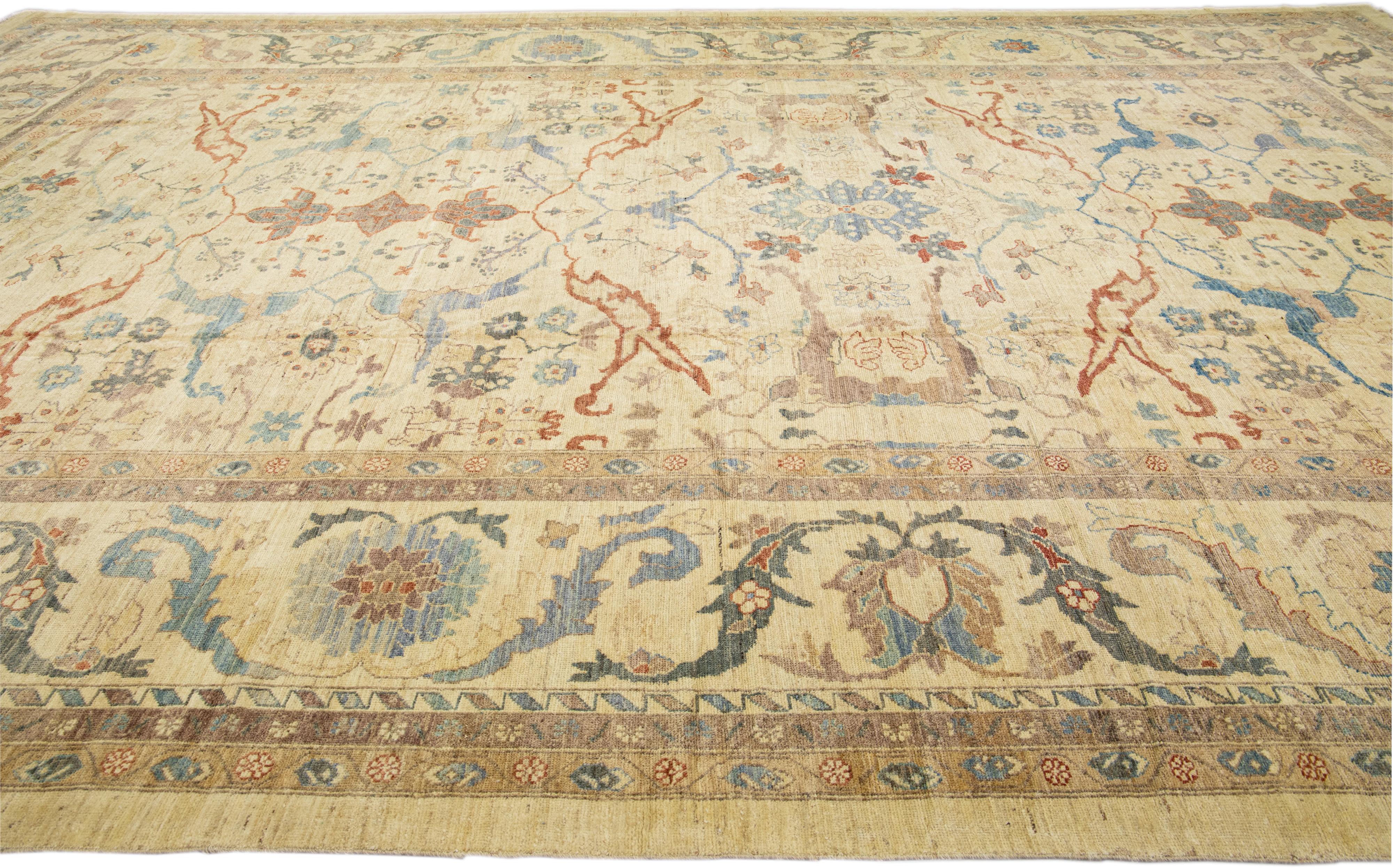 Hand-Knotted Tan Modern Sultanabad Handmade Oversize Floral Wool Rug For Sale