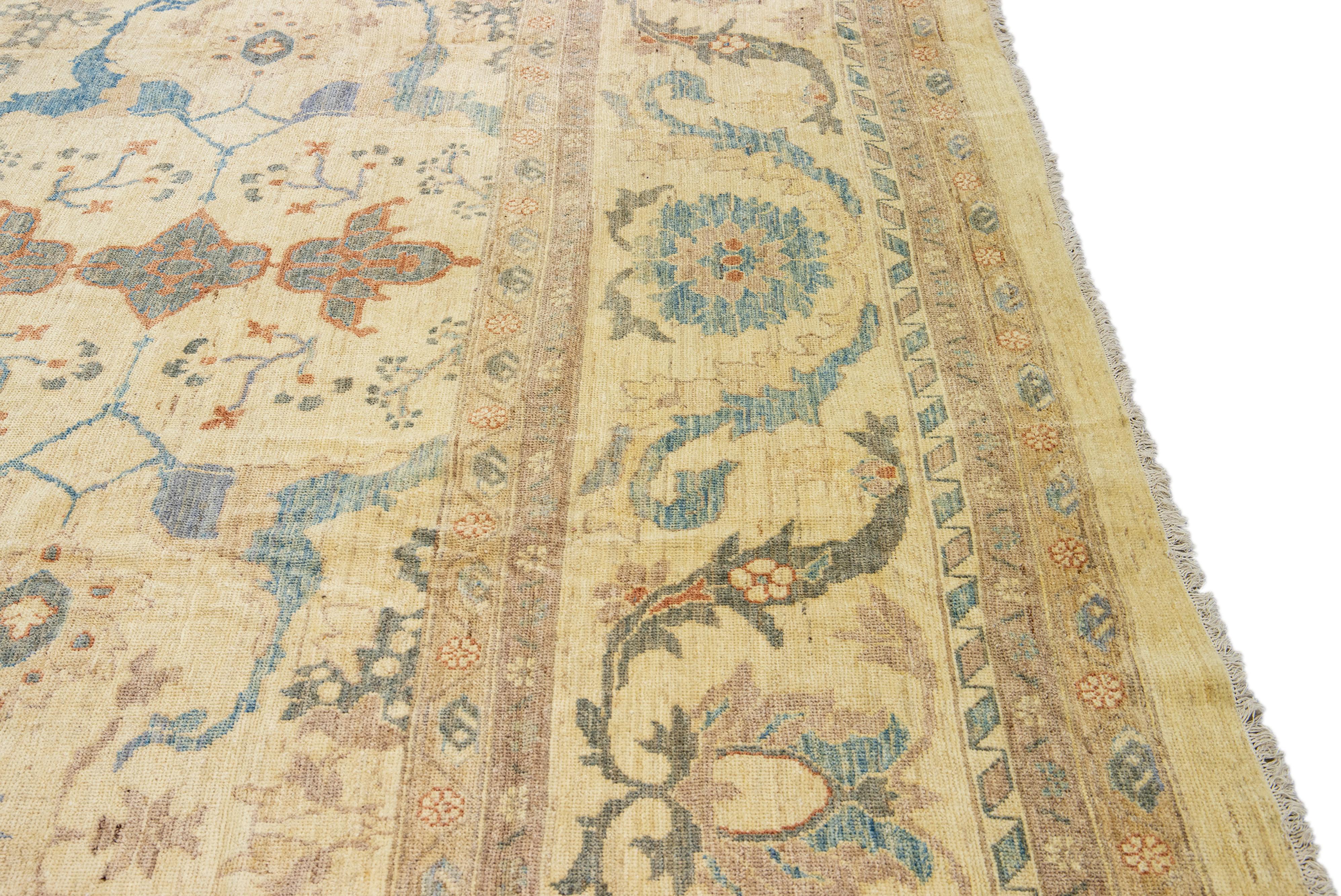 Tan Modern Sultanabad Handmade Oversize Floral Wool Rug For Sale 1