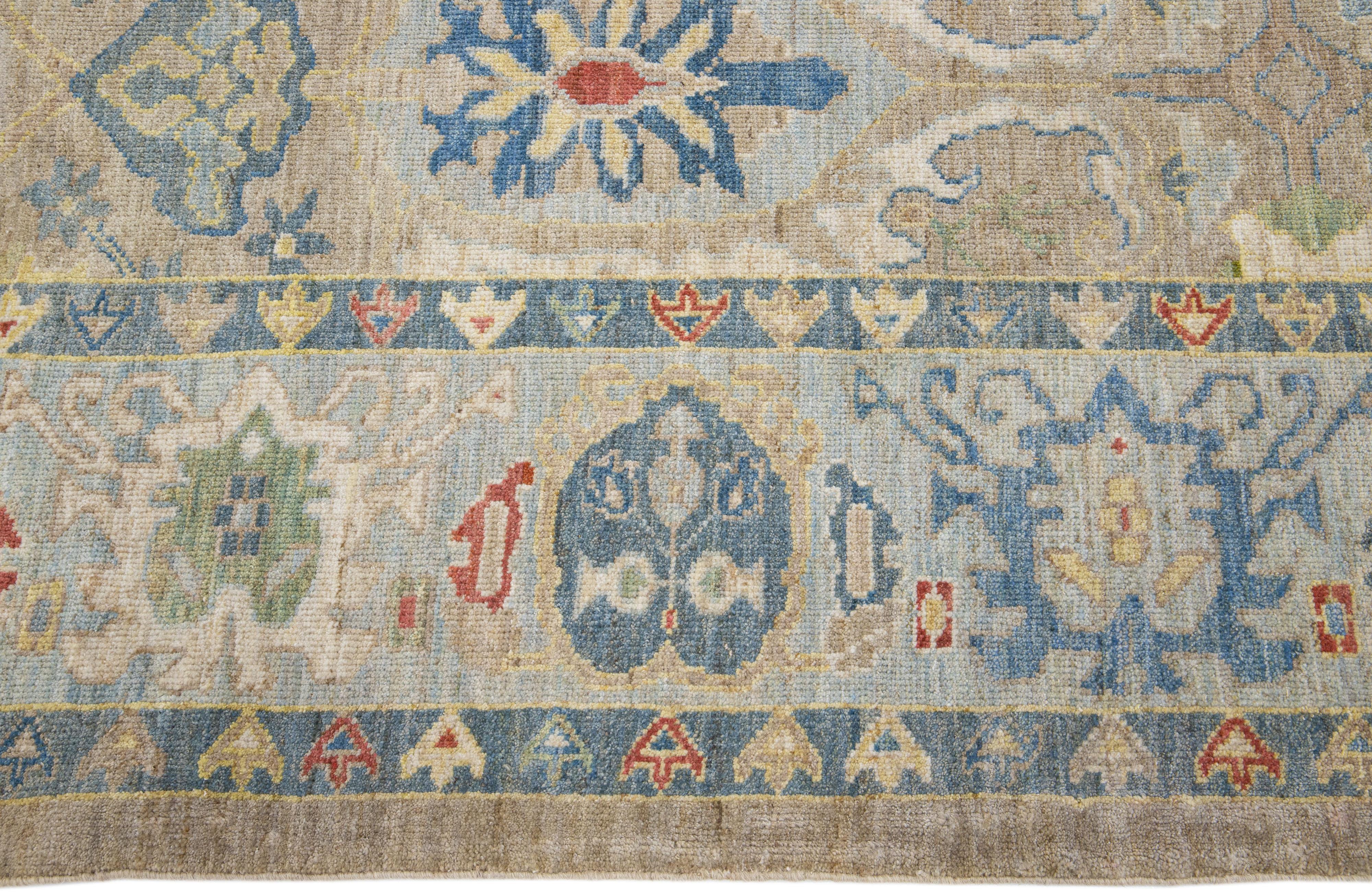Contemporary Tan Modern Sultanabad Handmade Persian Wool Rug with Floral Pattern For Sale