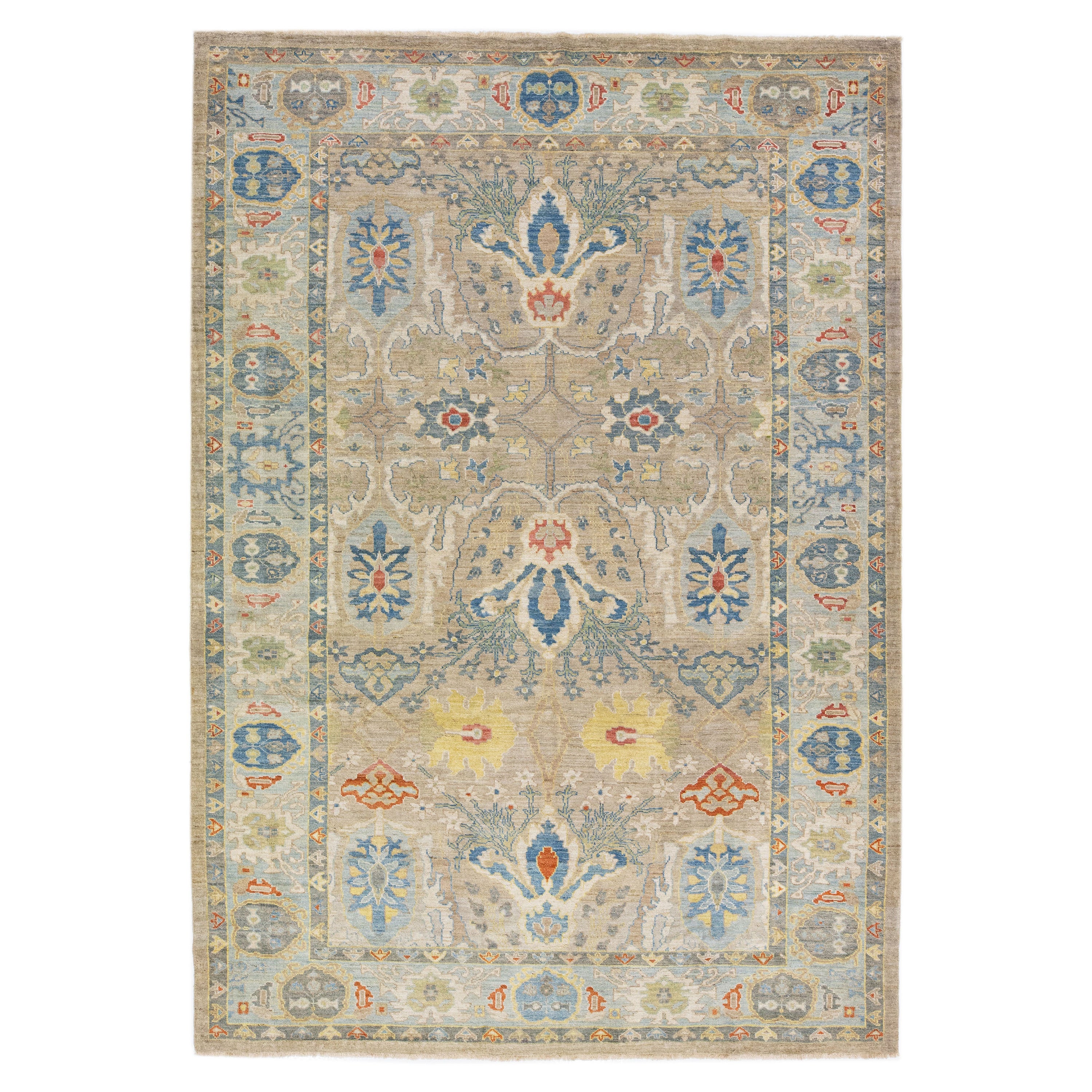 Brauner, moderner Sultanabad-Handgefertigter persischer Wollteppich mit Blumenmuster