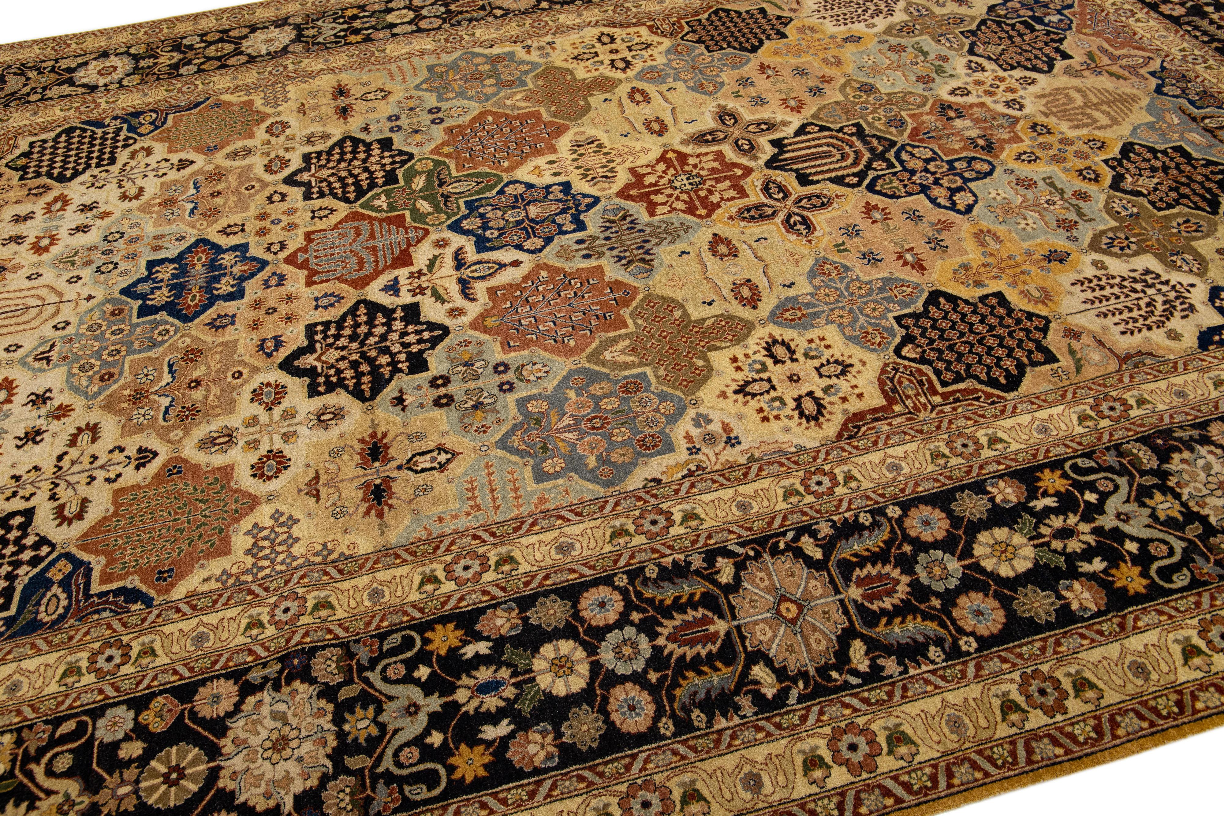 Pakistani Tan Modern Tabriz Style Handmade Wool Rug with  Allover Floral Motif For Sale