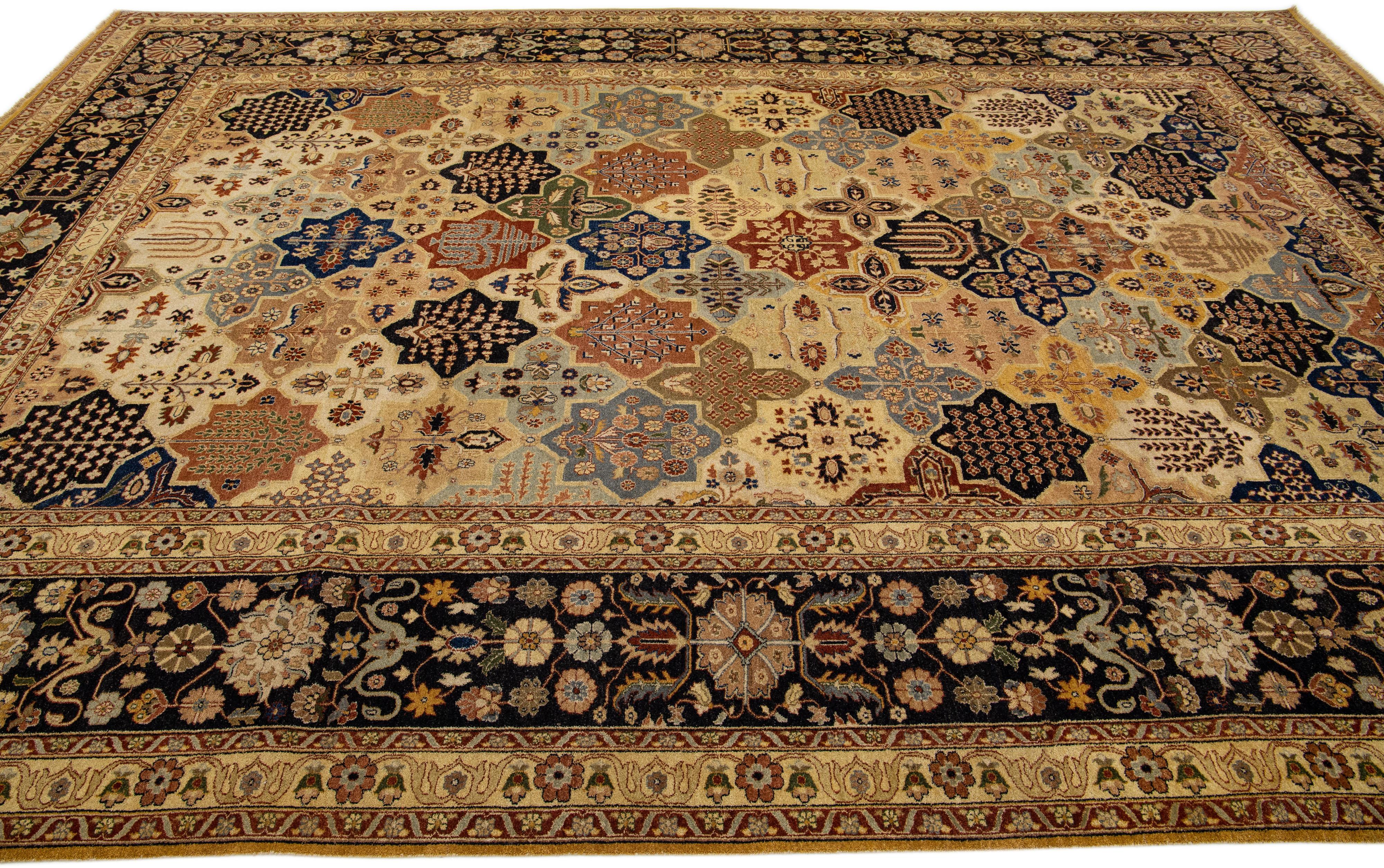 Hand-Knotted Tan Modern Tabriz Style Handmade Wool Rug with  Allover Floral Motif For Sale